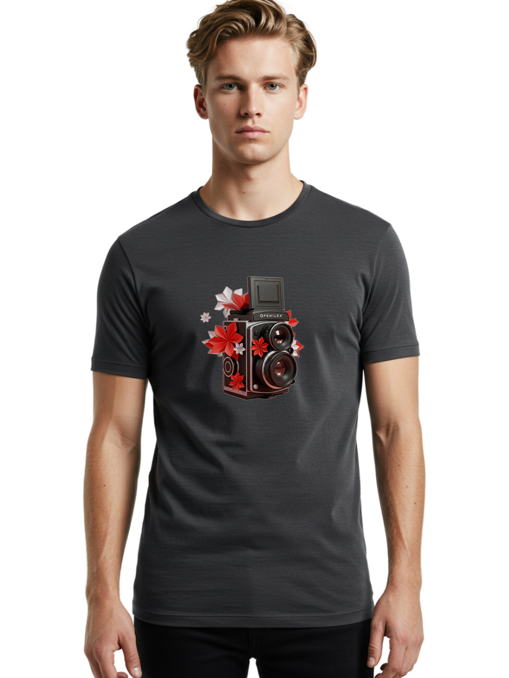 Openilex-Camera Men'S Graphic Tee, 100% Cotton, Comfortable Casual Summer Wear, Machine Washable, Vintage Camera, Retro Photography, Analog Camera, Floral Decorations, Red And White Flowers, Creative Photography, Artistic Expression, Bae572