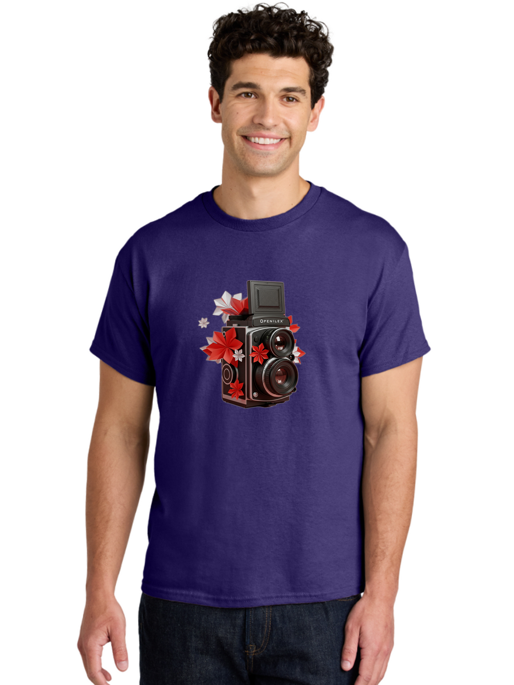 Openilex-Camera Men'S Graphic Tee, 100% Cotton, Comfortable Casual Summer Wear, Machine Washable, Vintage Camera, Retro Photography, Analog Camera, Floral Decorations, Red And White Flowers, Creative Photography, Artistic Expression, Bae572