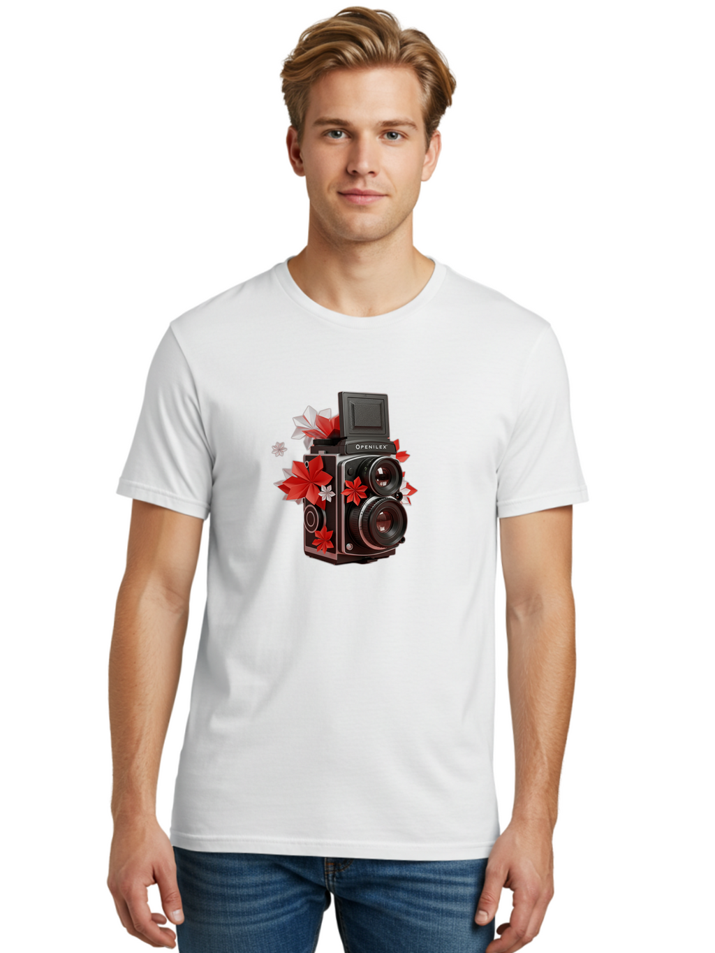 Openilex-Camera Men'S Graphic Tee, 100% Cotton, Comfortable Casual Summer Wear, Machine Washable, Vintage Camera, Retro Photography, Analog Camera, Floral Decorations, Red And White Flowers, Creative Photography, Artistic Expression, Bae572