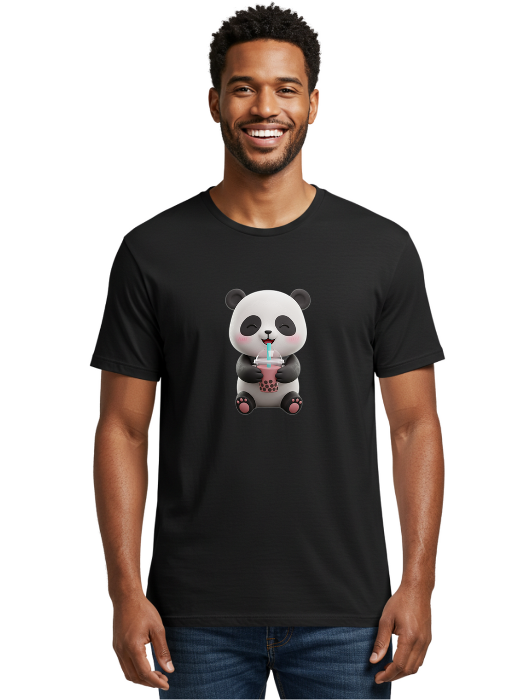Panda-Drinking-Boba-1 Men'S Graphic Tee, 100% Cotton, Comfortable Casual Summer Wear, Machine Washable, Cartoon Panda, Boba Tea, Pink Drink, Blue Straw, Happy Panda, Kawaii Character, Adorable Bear, Cute Animal, Tea Time, Boba Lover Bae575