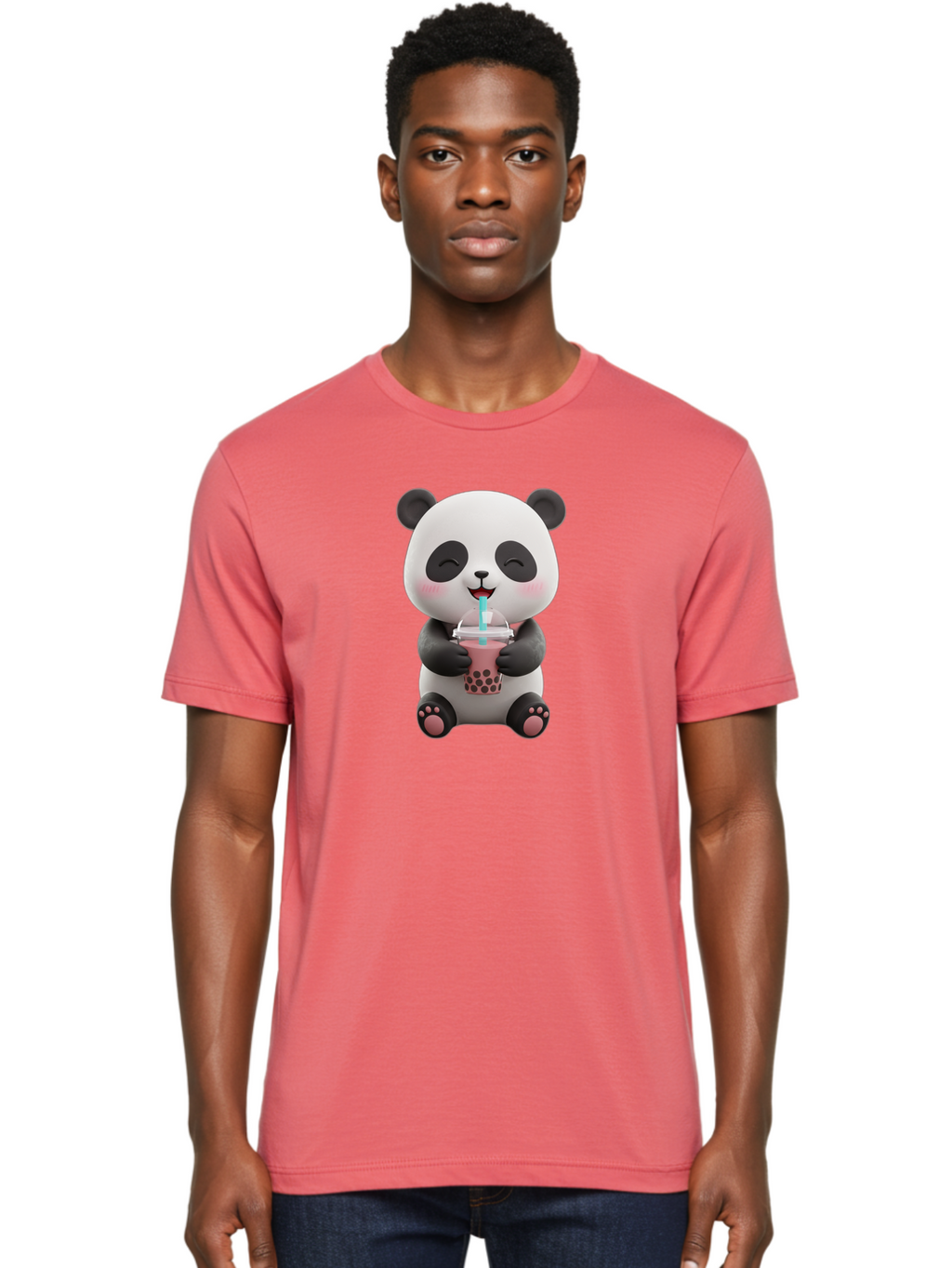 Panda-Drinking-Boba-1 Men'S Graphic Tee, 100% Cotton, Comfortable Casual Summer Wear, Machine Washable, Cartoon Panda, Boba Tea, Pink Drink, Blue Straw, Happy Panda, Kawaii Character, Adorable Bear, Cute Animal, Tea Time, Boba Lover Bae575