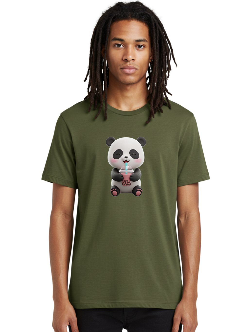 Panda-Drinking-Boba-1 Men'S Graphic Tee, 100% Cotton, Comfortable Casual Summer Wear, Machine Washable, Cartoon Panda, Boba Tea, Pink Drink, Blue Straw, Happy Panda, Kawaii Character, Adorable Bear, Cute Animal, Tea Time, Boba Lover Bae575