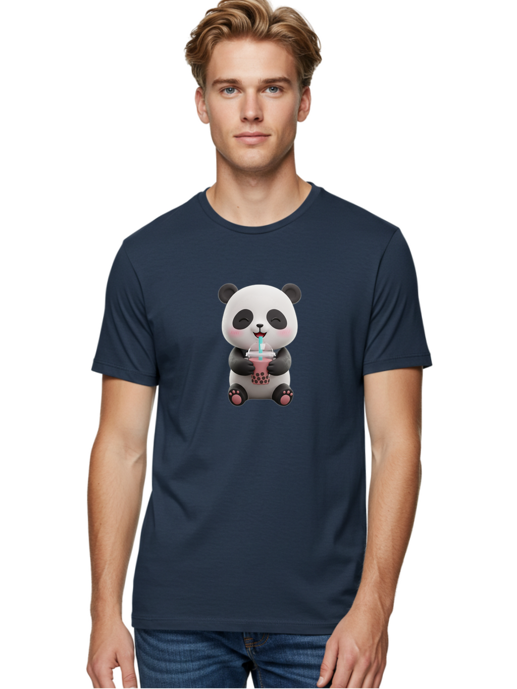 Panda-Drinking-Boba-1 Men'S Graphic Tee, 100% Cotton, Comfortable Casual Summer Wear, Machine Washable, Cartoon Panda, Boba Tea, Pink Drink, Blue Straw, Happy Panda, Kawaii Character, Adorable Bear, Cute Animal, Tea Time, Boba Lover Bae575
