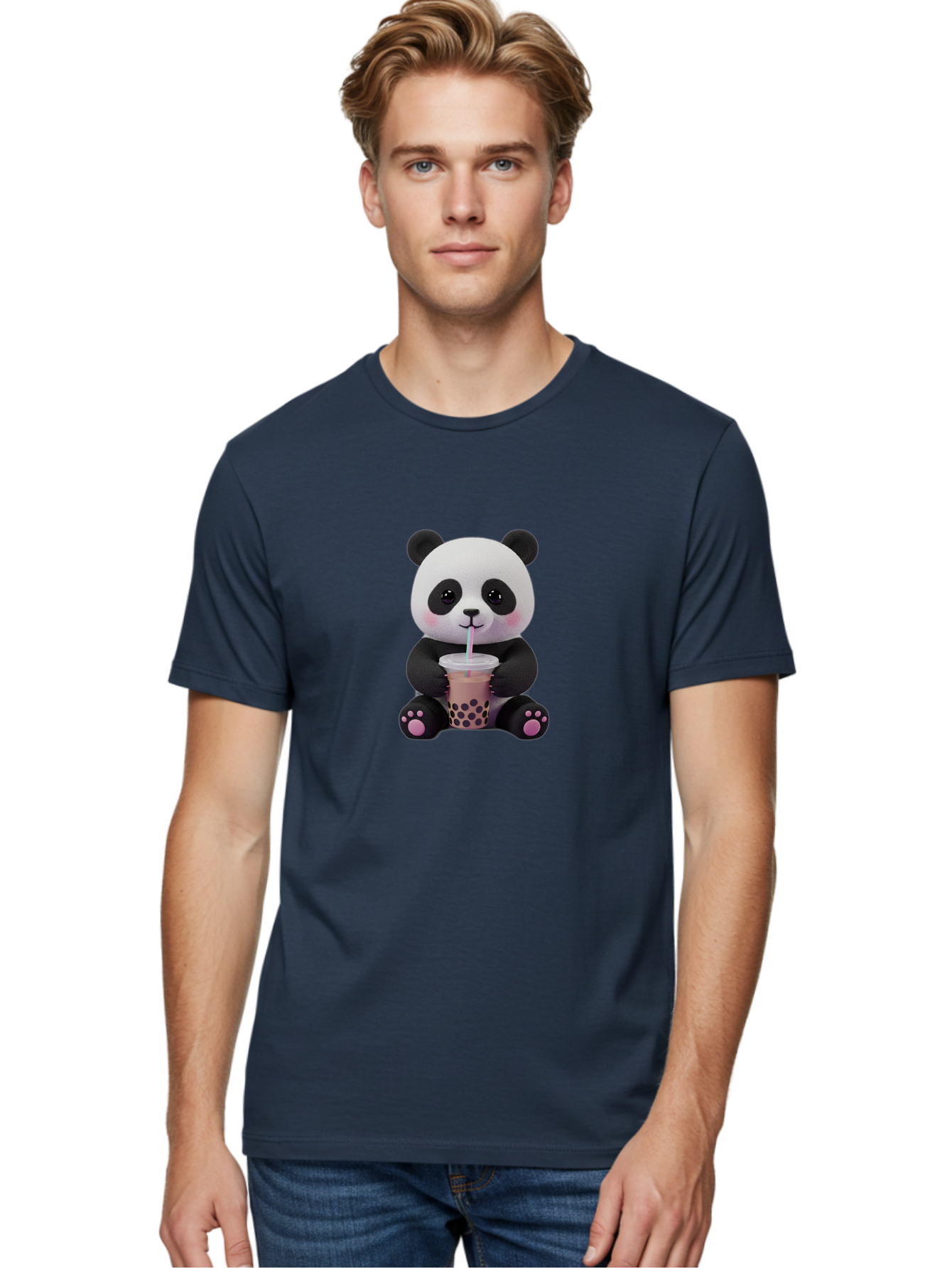 Panda-Drinking-Boba-2 Men'S Graphic Tee, 100% Cotton, Comfortable Casual Summer Wear, Machine Washable, Panda With Boba Tea, Cute Panda, Boba Drink, Bubble Tea, Cute Animal, Kawaii Culture, Cartoon Character, Boba Lover Bae576