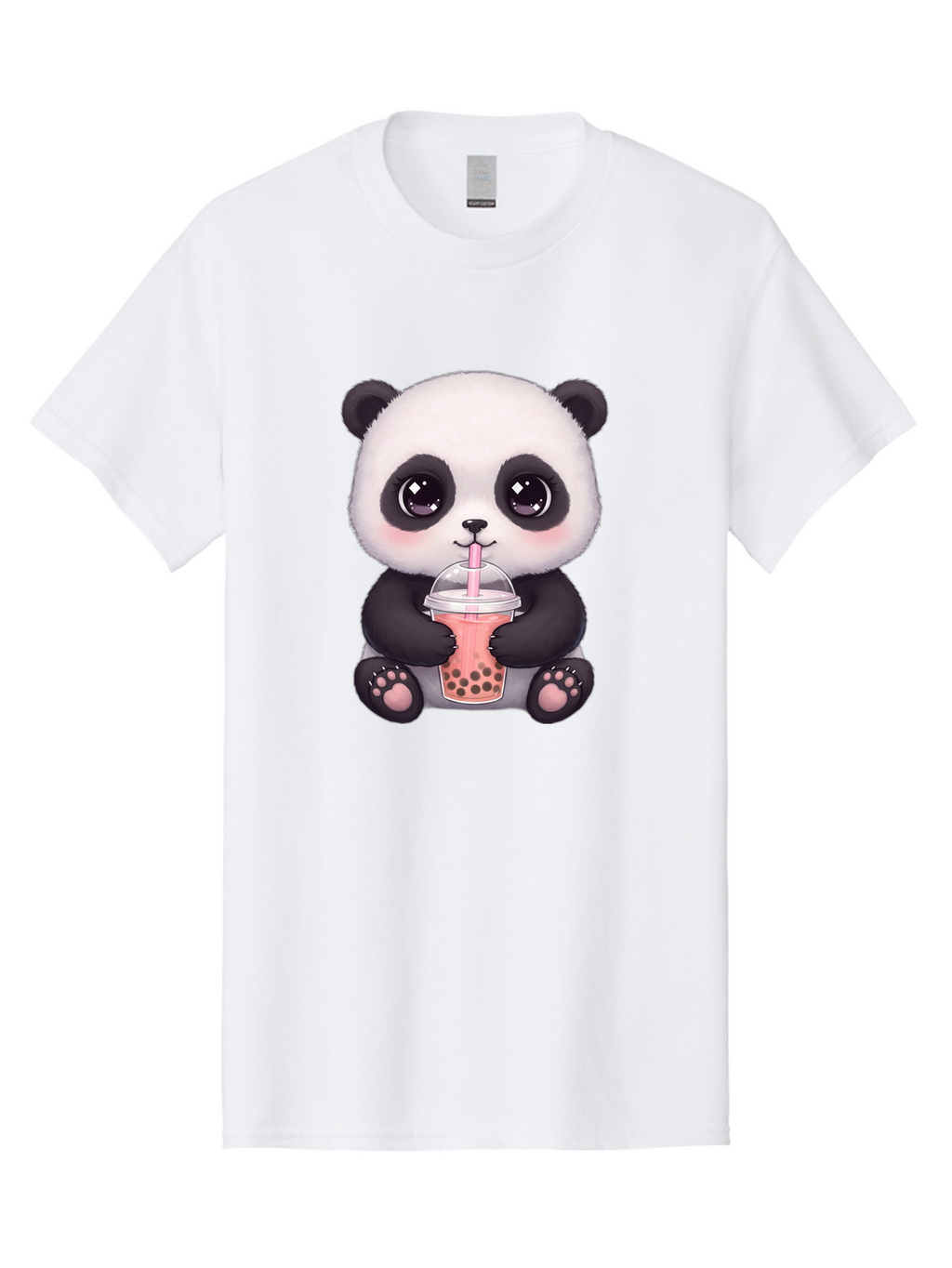 Panda-Drinking-Boba Men'S Graphic Tee, 100% Cotton, Comfortable Casual Summer Wear, Machine Washable, Kawaii Panda, Adorable Cartoon, Bubble Tea, Boba Drink, Pink Straw, Cute Illustration, Digital Art, Panda Bear, Drinking Tea, Bae577