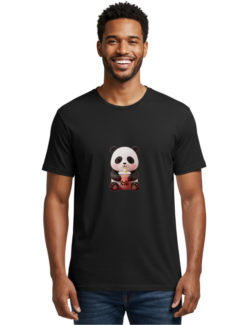 Panda-Drinking-Bubble-Tea-2 Men'S Graphic Tee, 100% Cotton, Comfortable Casual Summer Wear, Machine Washable, Panda, Bubble Tea, Boba, Cartoon Character, Cute Animal, Funny Illustration, Drinking Straw, Kawaii, Asian Culture, Adorable Panda, Bae579