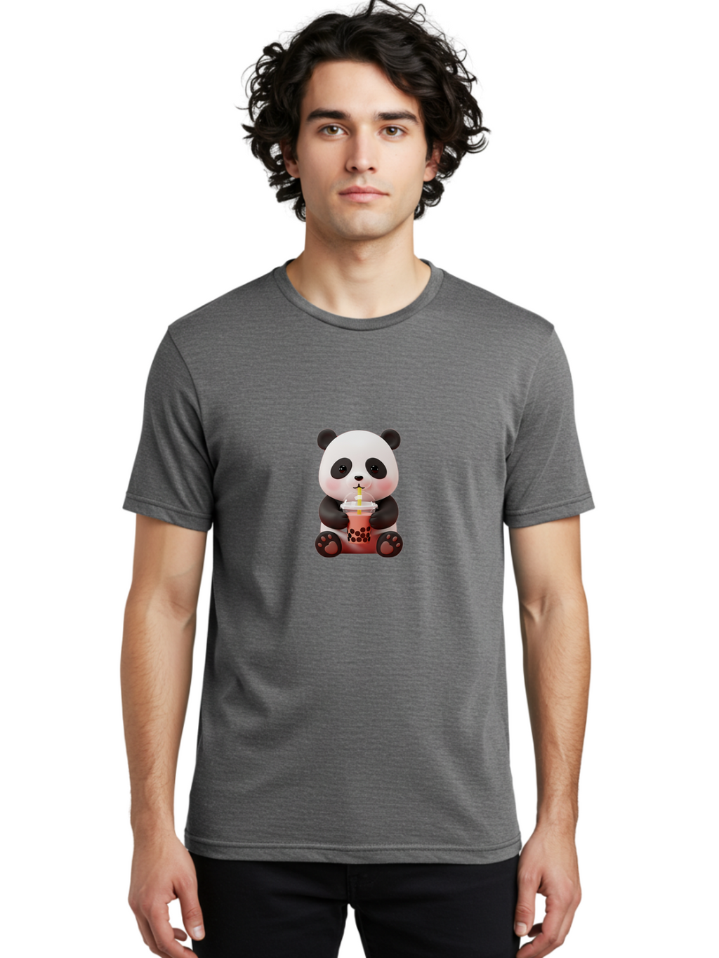 Panda-Drinking-Bubble-Tea-2 Men'S Graphic Tee, 100% Cotton, Comfortable Casual Summer Wear, Machine Washable, Panda, Bubble Tea, Boba, Cartoon Character, Cute Animal, Funny Illustration, Drinking Straw, Kawaii, Asian Culture, Adorable Panda, Bae579