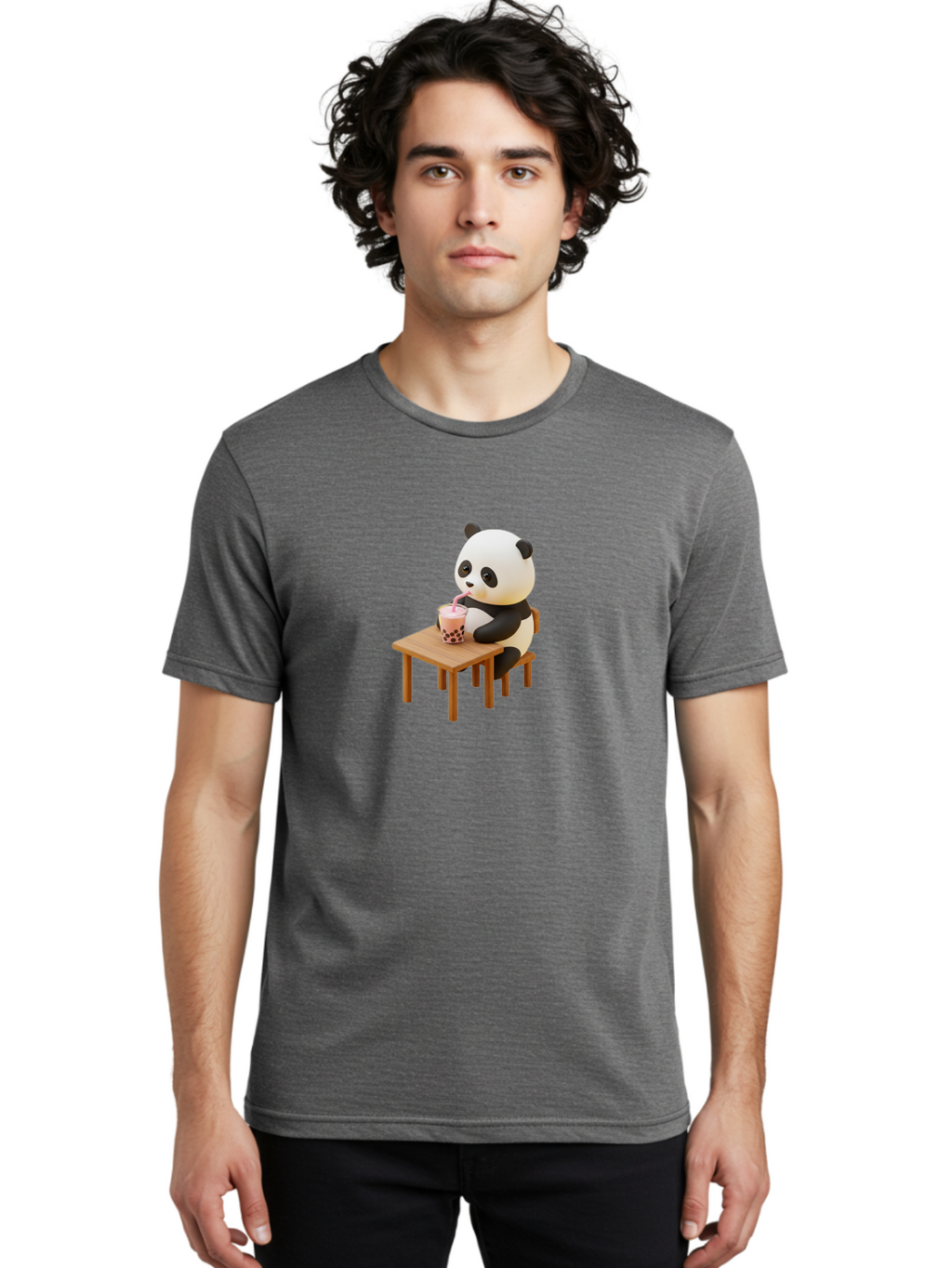 Panda-Drinking-Bubble-Tea-3 Men'S Graphic Tee, 100% Cotton, Comfortable Casual Summer Wear, Machine Washable, Cartoon Panda, Drinking Boba Tea, Adorable Animal, Cute Character, Bubble Tea, Funny Illustration, 3D Rendering, Panda Bear, Bae580