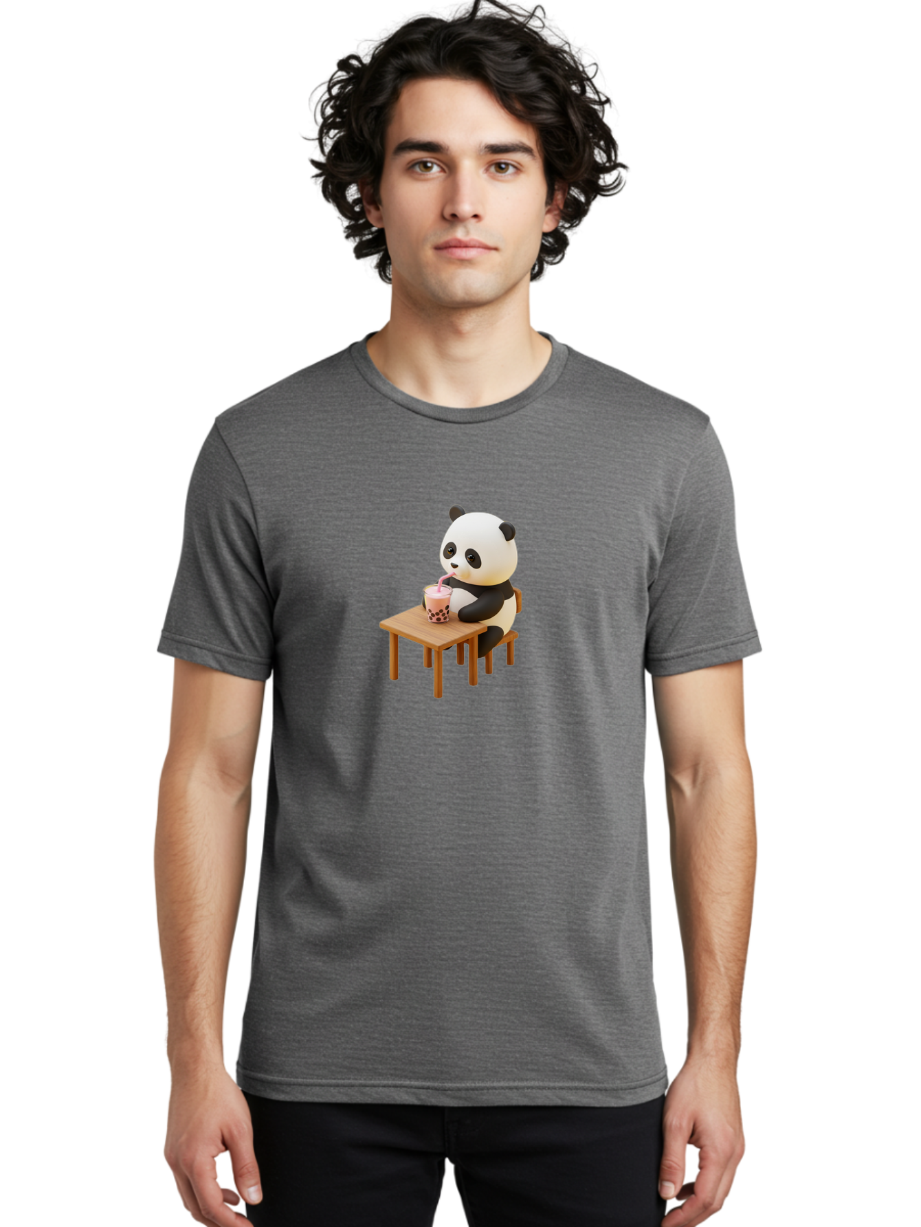 Panda-Drinking-Bubble-Tea-3 Men'S Graphic Tee, 100% Cotton, Comfortable Casual Summer Wear, Machine Washable, Cartoon Panda, Drinking Boba Tea, Adorable Animal, Cute Character, Bubble Tea, Funny Illustration, 3D Rendering, Panda Bear, Bae580