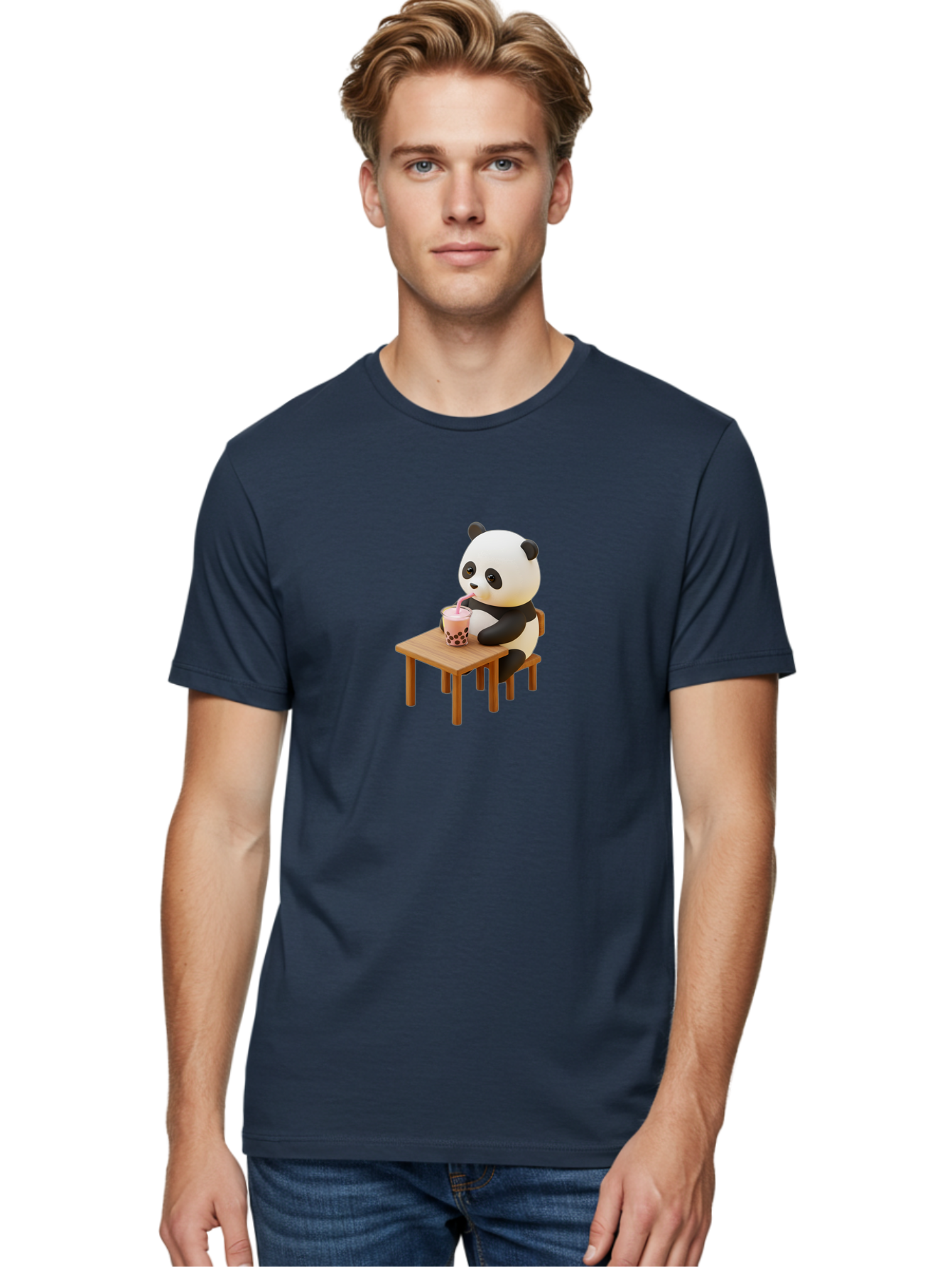 Panda-Drinking-Bubble-Tea-3 Men'S Graphic Tee, 100% Cotton, Comfortable Casual Summer Wear, Machine Washable, Cartoon Panda, Drinking Boba Tea, Adorable Animal, Cute Character, Bubble Tea, Funny Illustration, 3D Rendering, Panda Bear, Bae580