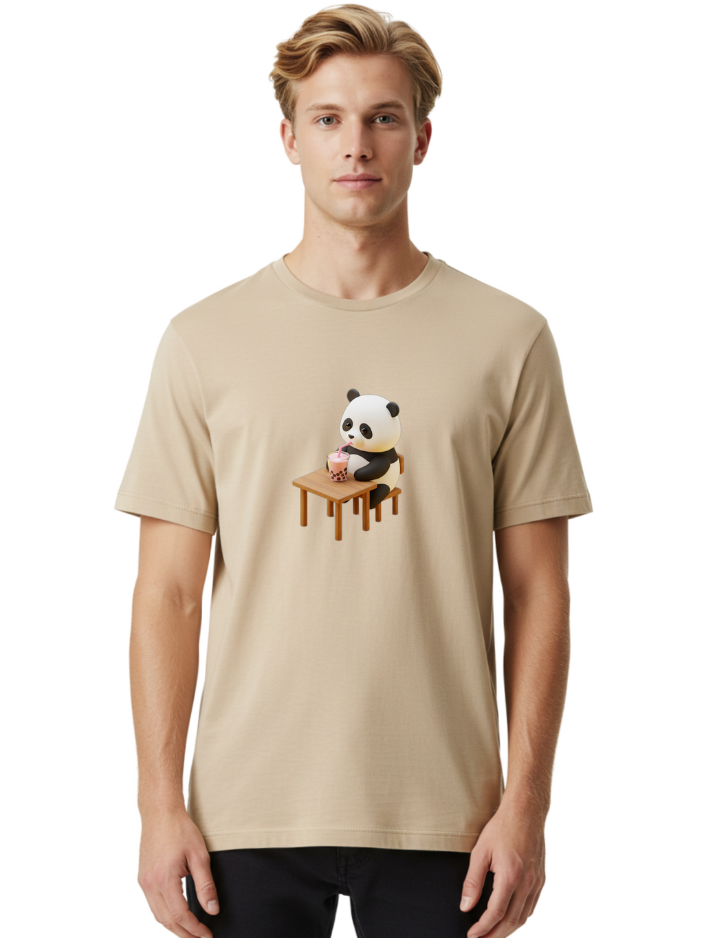 Panda-Drinking-Bubble-Tea-3 Men'S Graphic Tee, 100% Cotton, Comfortable Casual Summer Wear, Machine Washable, Cartoon Panda, Drinking Boba Tea, Adorable Animal, Cute Character, Bubble Tea, Funny Illustration, 3D Rendering, Panda Bear, Bae580