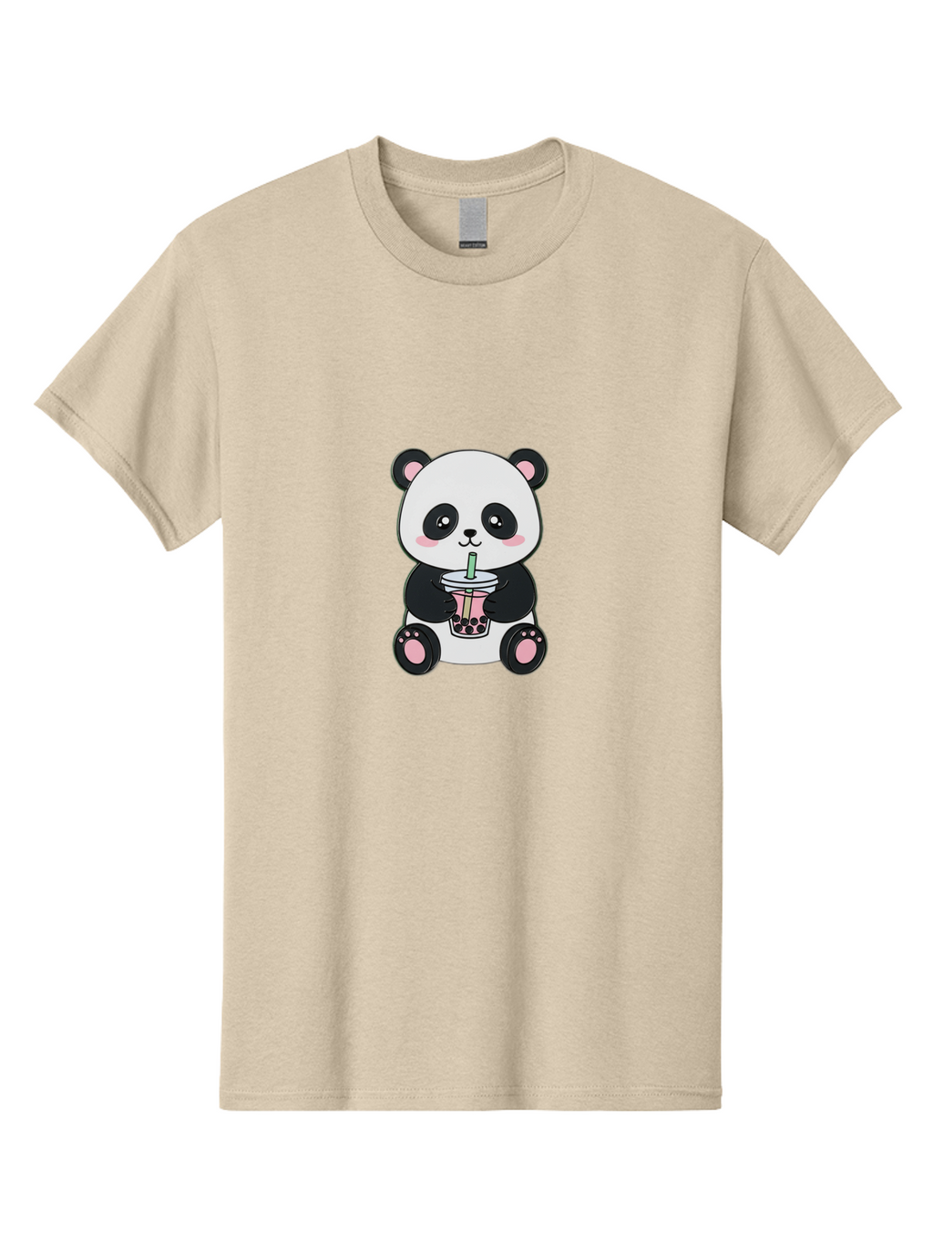 Panda-Drinking-Bubble-Tea-4 Men'S Graphic Tee, 100% Cotton, Comfortable Casual Summer Wear, Machine Washable, Cute Panda, Bubble Tea, Black And White Panda, Pink Accents, Adorable Cartoon Character, Boba Drink, Kawaii Illustration, Boba Tea, Bae581