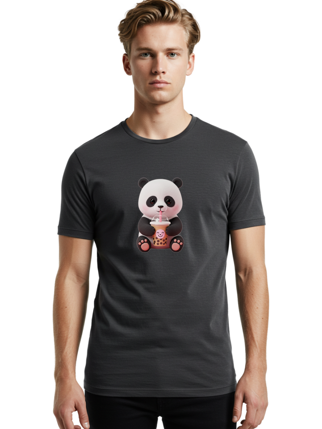Panda-Drinking-Bubble-Tea-5 Men'S Graphic Tee, 100% Cotton, Comfortable Casual Summer Wear, Machine Washable, Cartoon Panda, Boba Tea, Bubble Tea, Adorable Animal, Kawaii Character, Milk Tea, Straw, Cute Design, Funny Illustration, Bae582