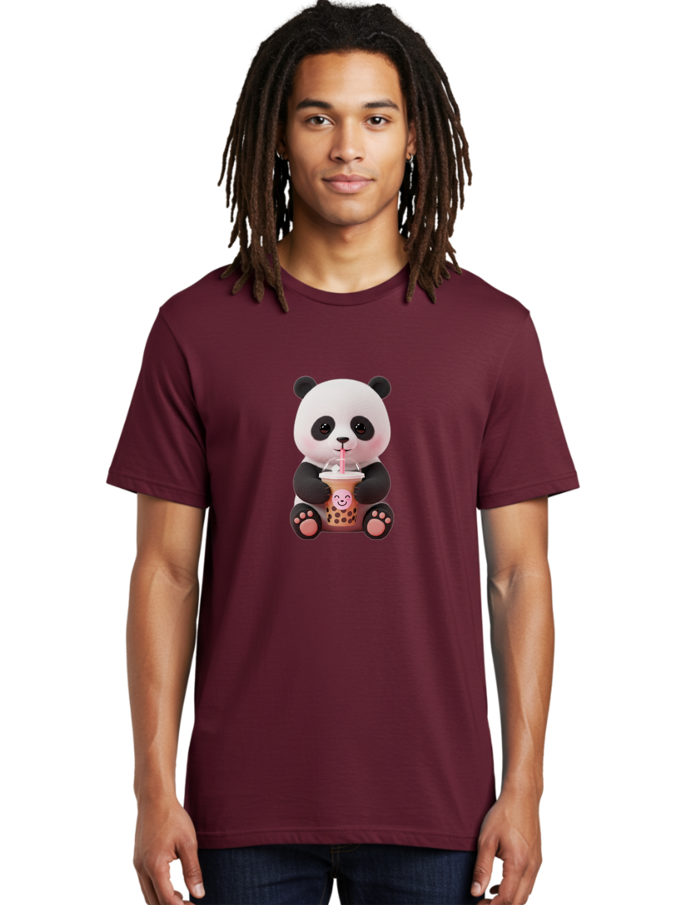 Panda-Drinking-Bubble-Tea-5 Men'S Graphic Tee, 100% Cotton, Comfortable Casual Summer Wear, Machine Washable, Cartoon Panda, Boba Tea, Bubble Tea, Adorable Animal, Kawaii Character, Milk Tea, Straw, Cute Design, Funny Illustration, Bae582