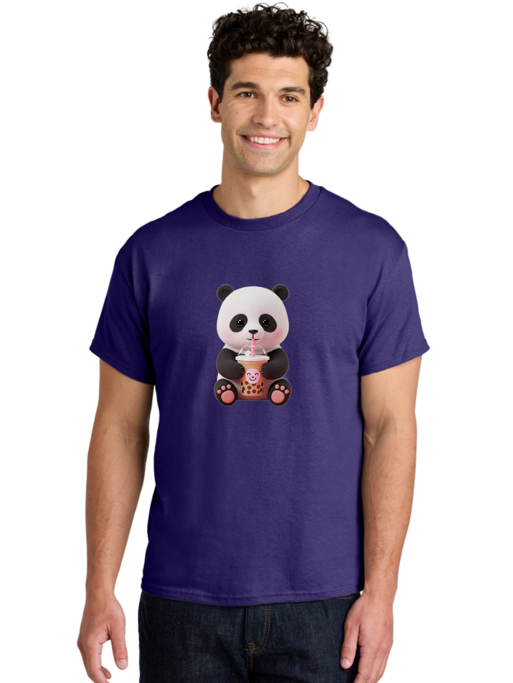 Panda-Drinking-Bubble-Tea-5 Men'S Graphic Tee, 100% Cotton, Comfortable Casual Summer Wear, Machine Washable, Cartoon Panda, Boba Tea, Bubble Tea, Adorable Animal, Kawaii Character, Milk Tea, Straw, Cute Design, Funny Illustration, Bae582