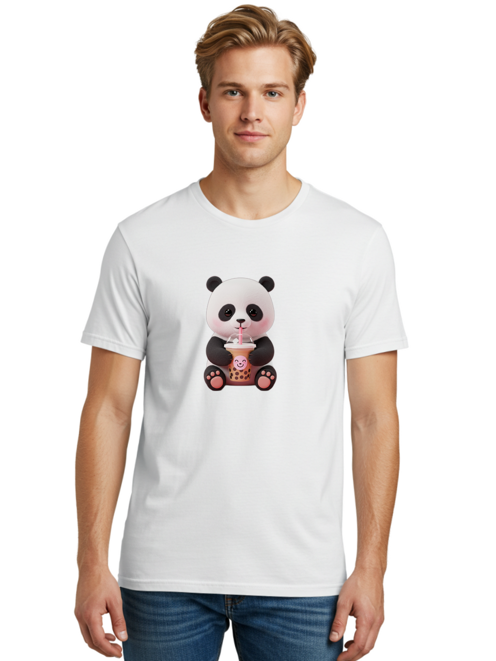 Panda-Drinking-Bubble-Tea-5 Men'S Graphic Tee, 100% Cotton, Comfortable Casual Summer Wear, Machine Washable, Cartoon Panda, Boba Tea, Bubble Tea, Adorable Animal, Kawaii Character, Milk Tea, Straw, Cute Design, Funny Illustration, Bae582