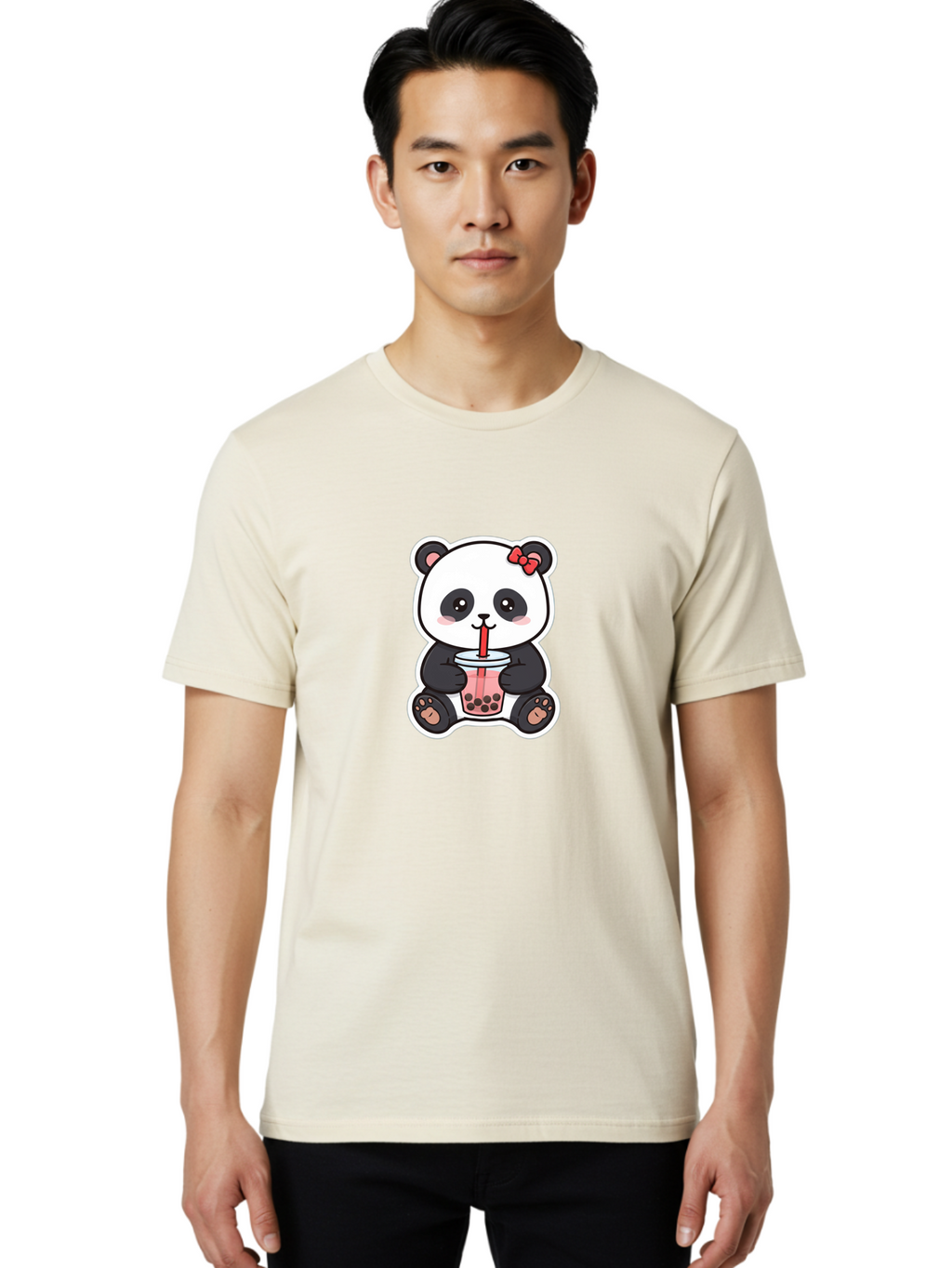 Panda-Drinking-Bubble-Tea Men'S Graphic Tee, 100% Cotton, Comfortable Casual Summer Wear, Machine Washable, Cute Panda, Boba Tea, Bubble Tea, Kawaii Character, Adorable Animal, Pink Drink, Red Straw, Boba Lover, Cartoon Style Bae583