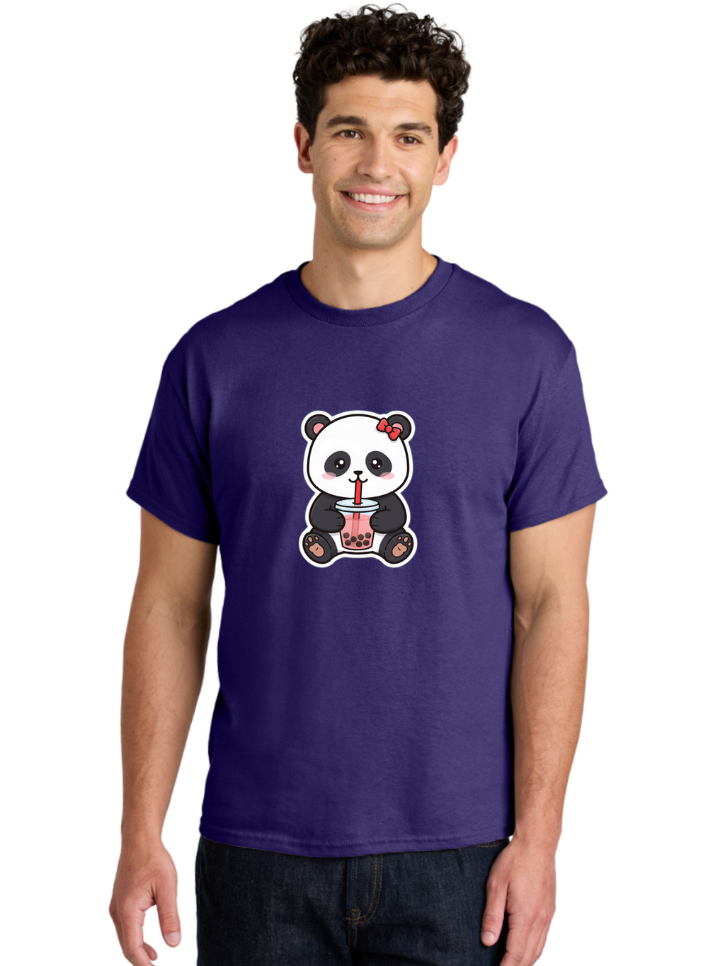 Panda-Drinking-Bubble-Tea Men'S Graphic Tee, 100% Cotton, Comfortable Casual Summer Wear, Machine Washable, Cute Panda, Boba Tea, Bubble Tea, Kawaii Character, Adorable Animal, Pink Drink, Red Straw, Boba Lover, Cartoon Style Bae583