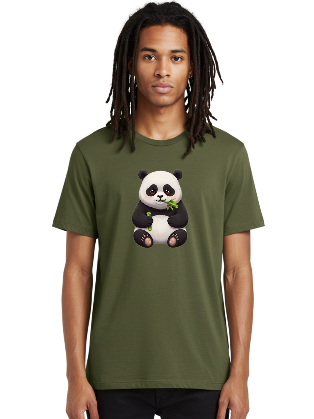 Panda-Eating-Bamboo-1 Men'S Graphic Tee, 100% Cotton, Comfortable Casual Summer Wear, Machine Washable, Panda Bear, Eating Bamboo, Cute Cartoon, Adorable Animal, Bamboo Shoots, Black And White Panda, Happy Face Bae584