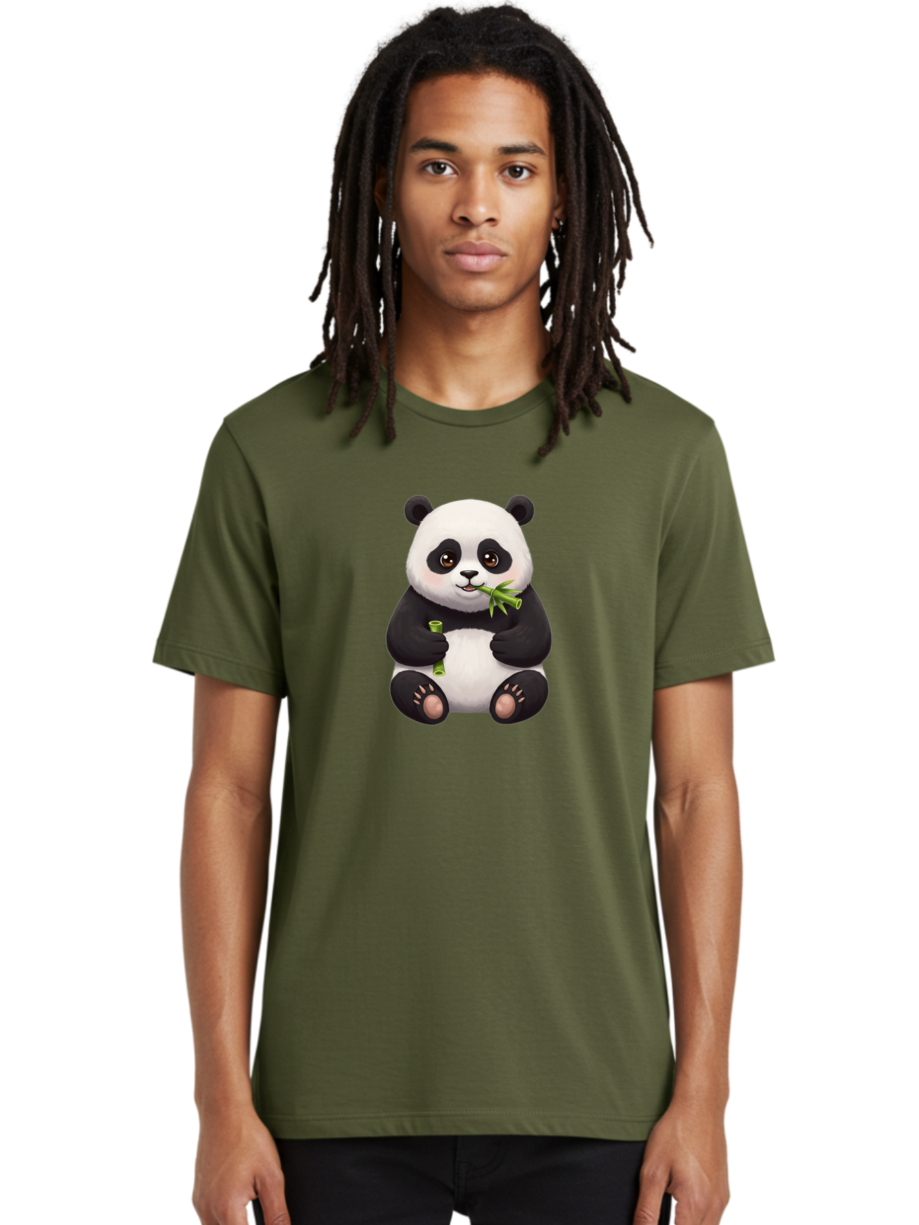 Panda-Eating-Bamboo-1 Men'S Graphic Tee, 100% Cotton, Comfortable Casual Summer Wear, Machine Washable, Panda Bear, Eating Bamboo, Cute Cartoon, Adorable Animal, Bamboo Shoots, Black And White Panda, Happy Face Bae584