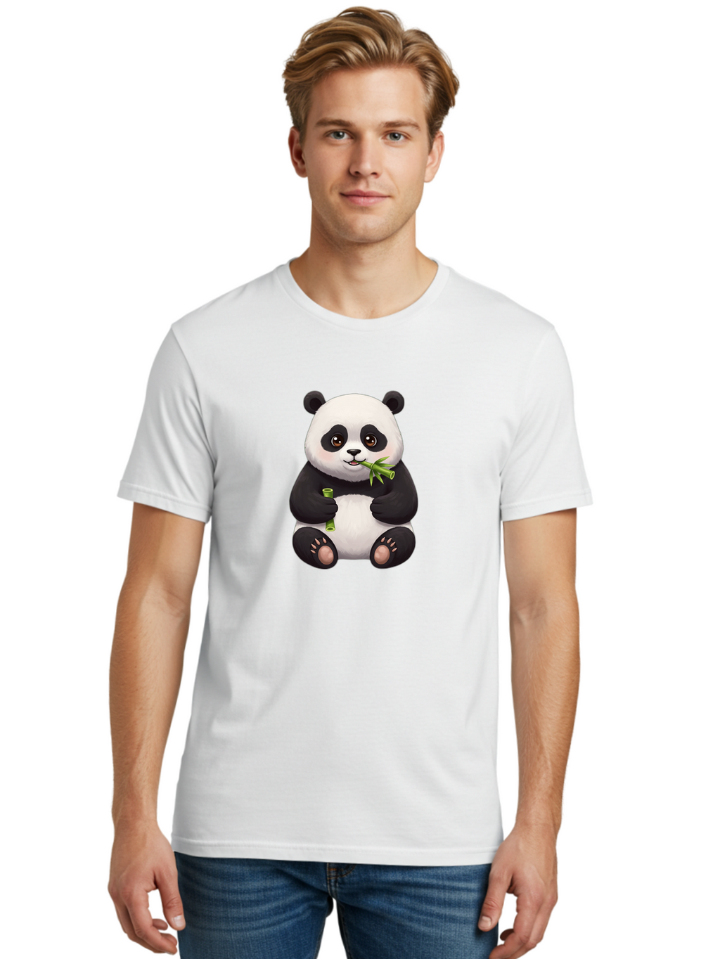 Panda-Eating-Bamboo-1 Men'S Graphic Tee, 100% Cotton, Comfortable Casual Summer Wear, Machine Washable, Panda Bear, Eating Bamboo, Cute Cartoon, Adorable Animal, Bamboo Shoots, Black And White Panda, Happy Face Bae584