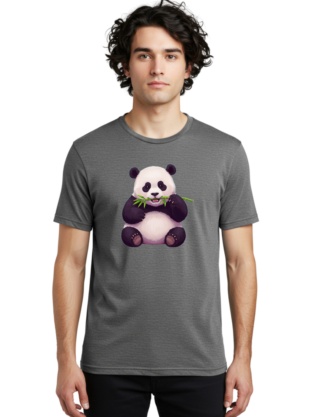 Panda-Eating-Bamboo Men'S Graphic Tee, 100% Cotton, Comfortable Casual Summer Wear, Machine Washable, Panda Eating Bamboo, Cute Panda, Cartoon Panda, Panda Bear, Bamboo Shoots, Black And White Panda, Adorable Animal, Cartoon Character Bae585