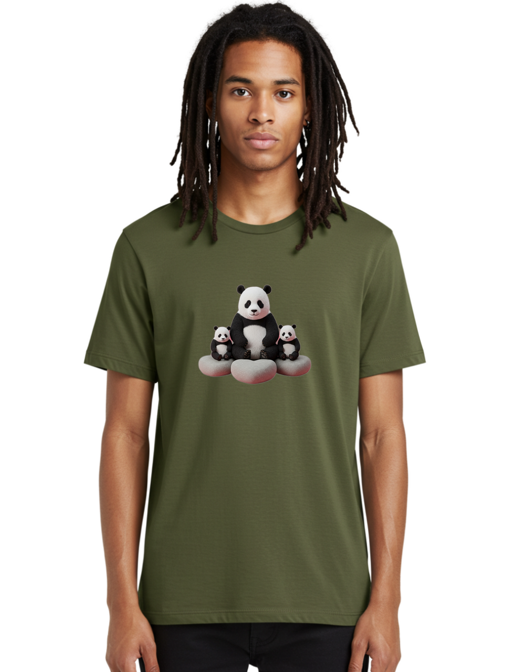 Panda-Family-1 Men'S Graphic Tee, 100% Cotton, Comfortable Casual Summer Wear, Machine Washable, Panda Bear, Panda Cubs, Family Portrait, Cute Animals, Adorable Creatures, Black And White Fur, Sitting On Rocks, Tender Moment, Bae586