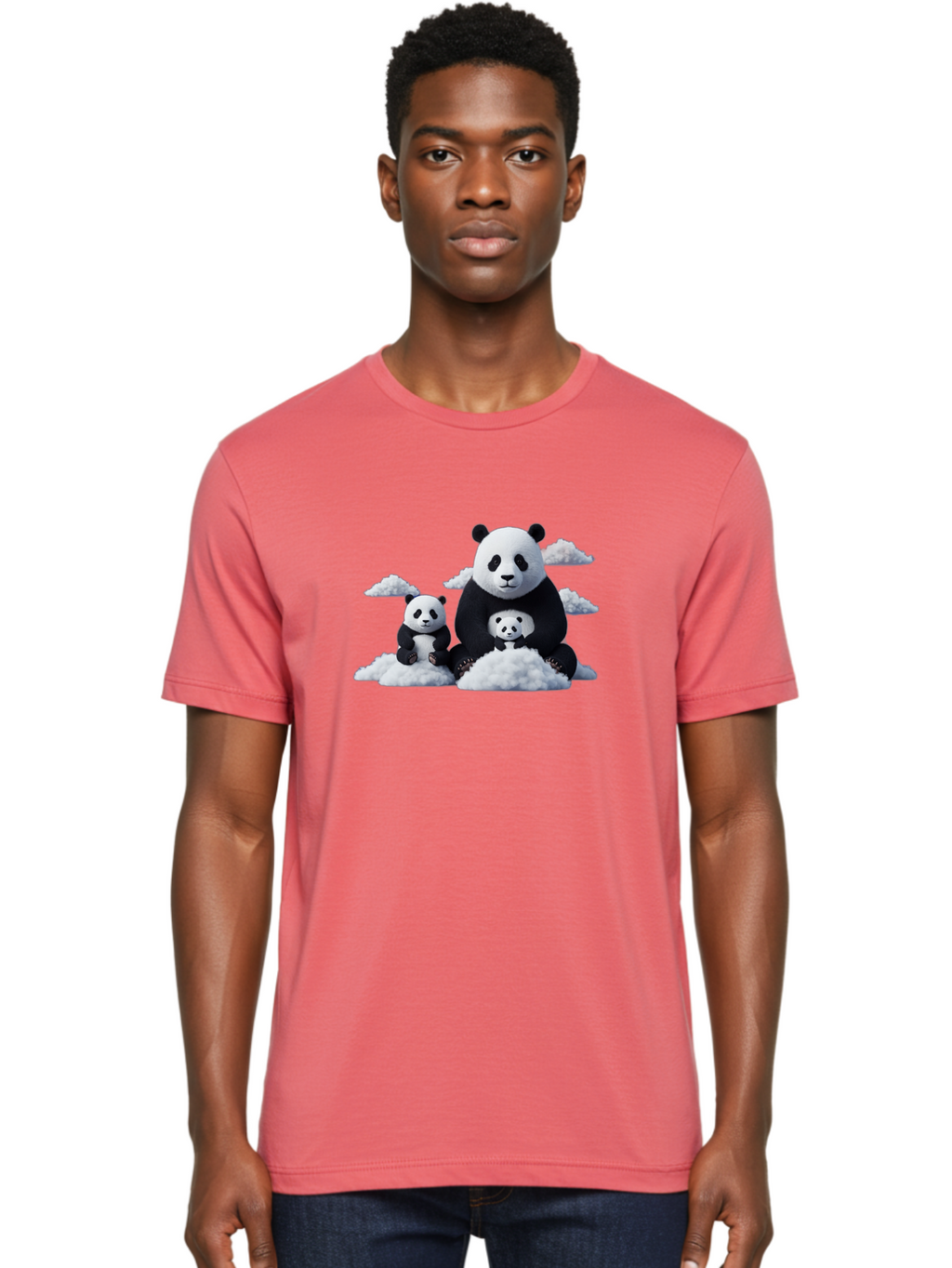 Panda-Family-3 Men'S Graphic Tee, 100% Cotton, Comfortable Casual Summer Wear, Machine Washable, Panda Bear Family, Giant Panda, Cute Pandas, Cartoon Style, Fluffy Clouds, Black And White, Adorable Animals, Happy Family, Digital Art, Bae588