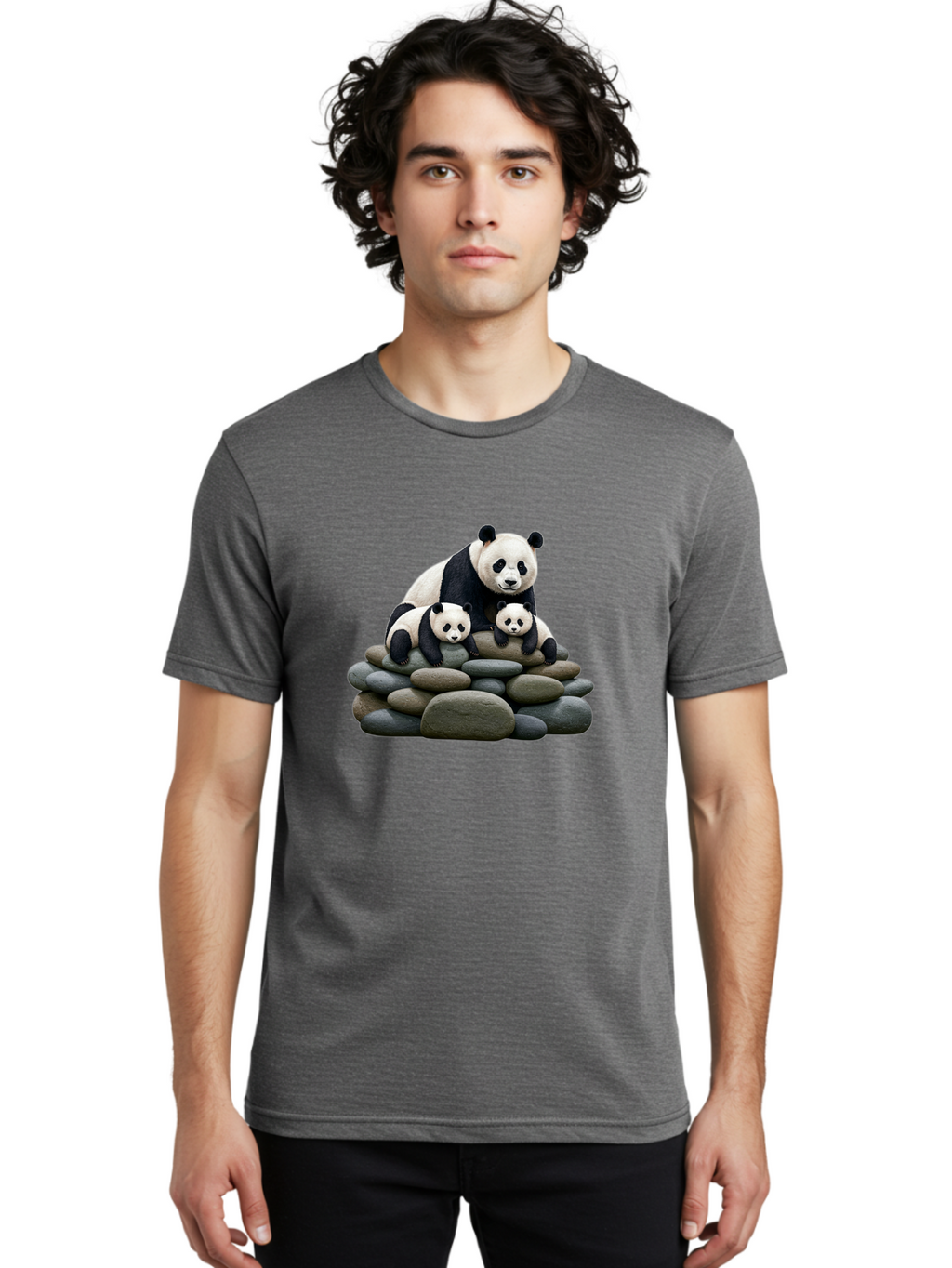 Panda-Family-4 Men'S Graphic Tee, 100% Cotton, Comfortable Casual Summer Wear, Machine Washable, Panda Bear Mom, Baby Pandas, Adorable Animals, Giant Panda, Cute Cubs, Panda Family, Animal Portrait, Wildlife Art Bae589