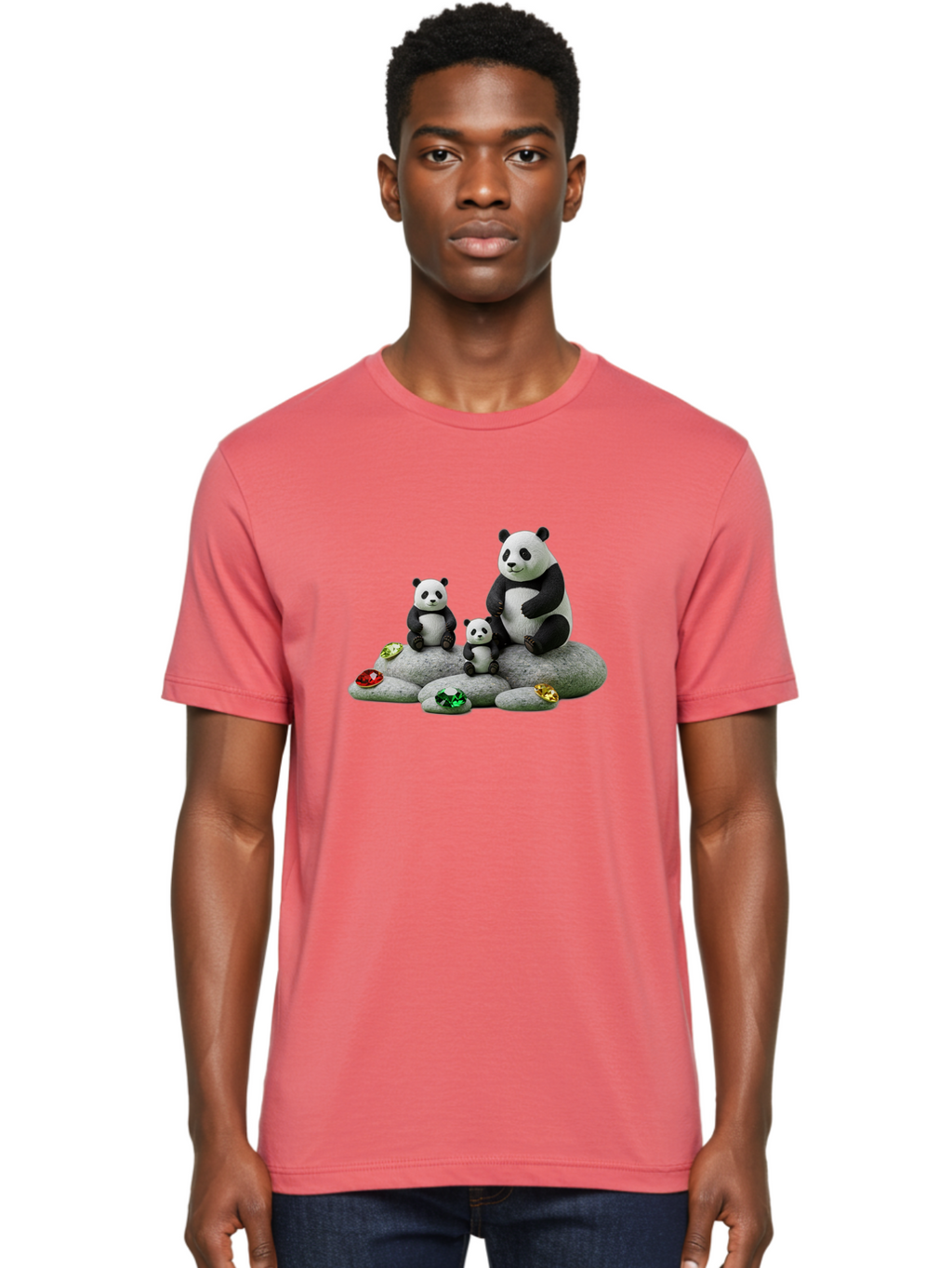 Panda-Family-5 Men'S Graphic Tee, 100% Cotton, Comfortable Casual Summer Wear, Machine Washable, Panda Bear Family, Adorable Pandas, Cute Cubs, Black And White Fur, Gemstones, Decorative Stones, Playful Design, Cute Animal Art, Family Bonding Bae590