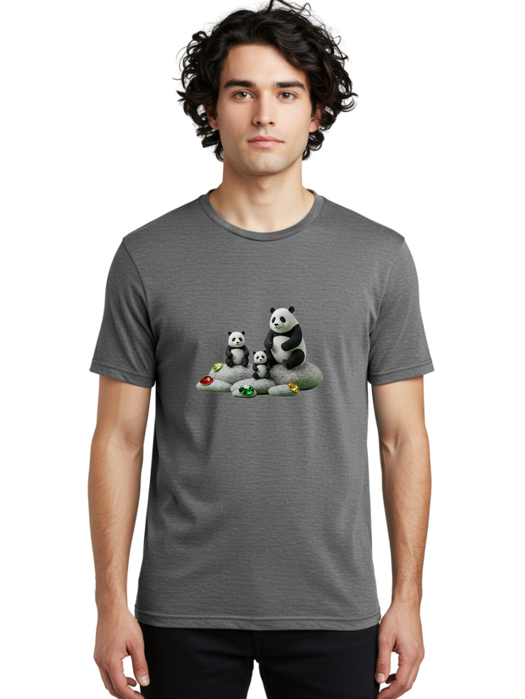 Panda-Family-5 Men'S Graphic Tee, 100% Cotton, Comfortable Casual Summer Wear, Machine Washable, Panda Bear Family, Adorable Pandas, Cute Cubs, Black And White Fur, Gemstones, Decorative Stones, Playful Design, Cute Animal Art, Family Bonding Bae590