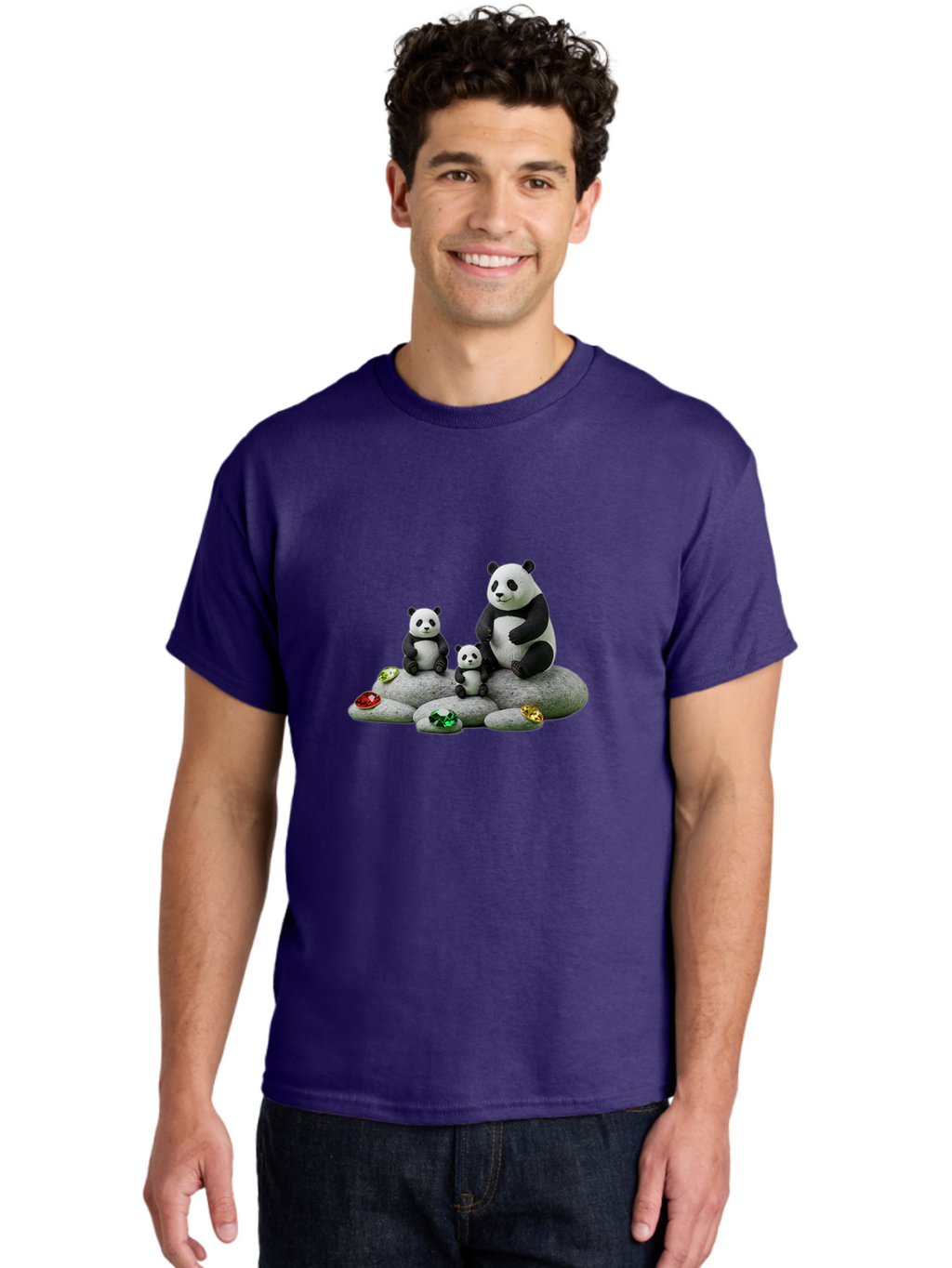 Panda-Family-5 Men'S Graphic Tee, 100% Cotton, Comfortable Casual Summer Wear, Machine Washable, Panda Bear Family, Adorable Pandas, Cute Cubs, Black And White Fur, Gemstones, Decorative Stones, Playful Design, Cute Animal Art, Family Bonding Bae590