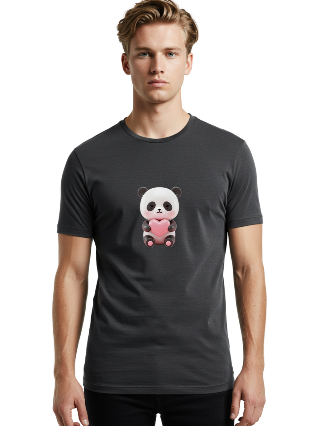 Panda-Holding-Heart-2 Men'S Graphic Tee, 100% Cotton, Comfortable Casual Summer Wear, Machine Washable, Cartoon Panda, Cute Animal, Pink Heart, Adorable Bear, Kawaii Character, Love Symbol, Black And White Panda, Heartwarming Scene, Bae593