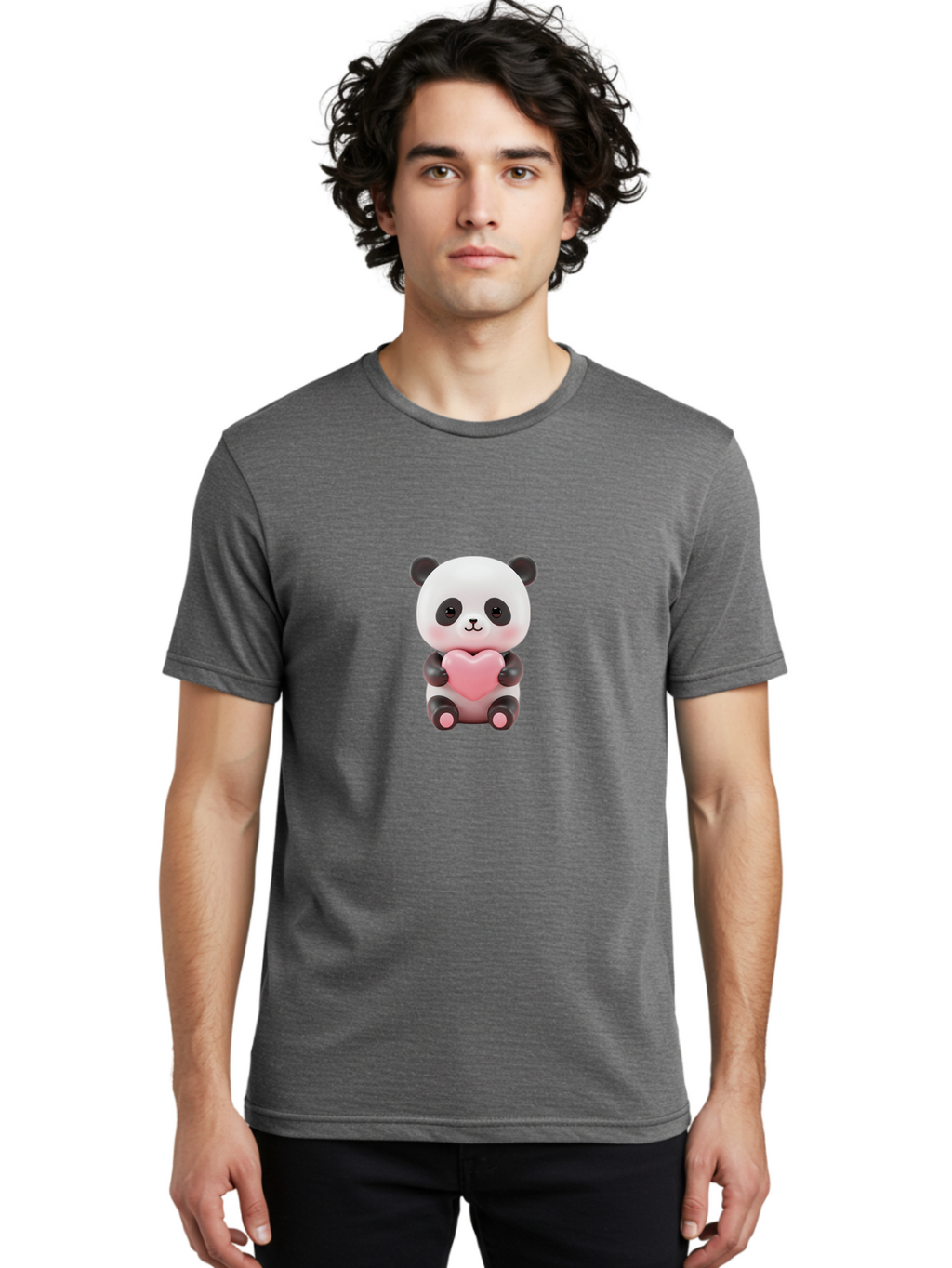 Panda-Holding-Heart-2 Men'S Graphic Tee, 100% Cotton, Comfortable Casual Summer Wear, Machine Washable, Cartoon Panda, Cute Animal, Pink Heart, Adorable Bear, Kawaii Character, Love Symbol, Black And White Panda, Heartwarming Scene, Bae593