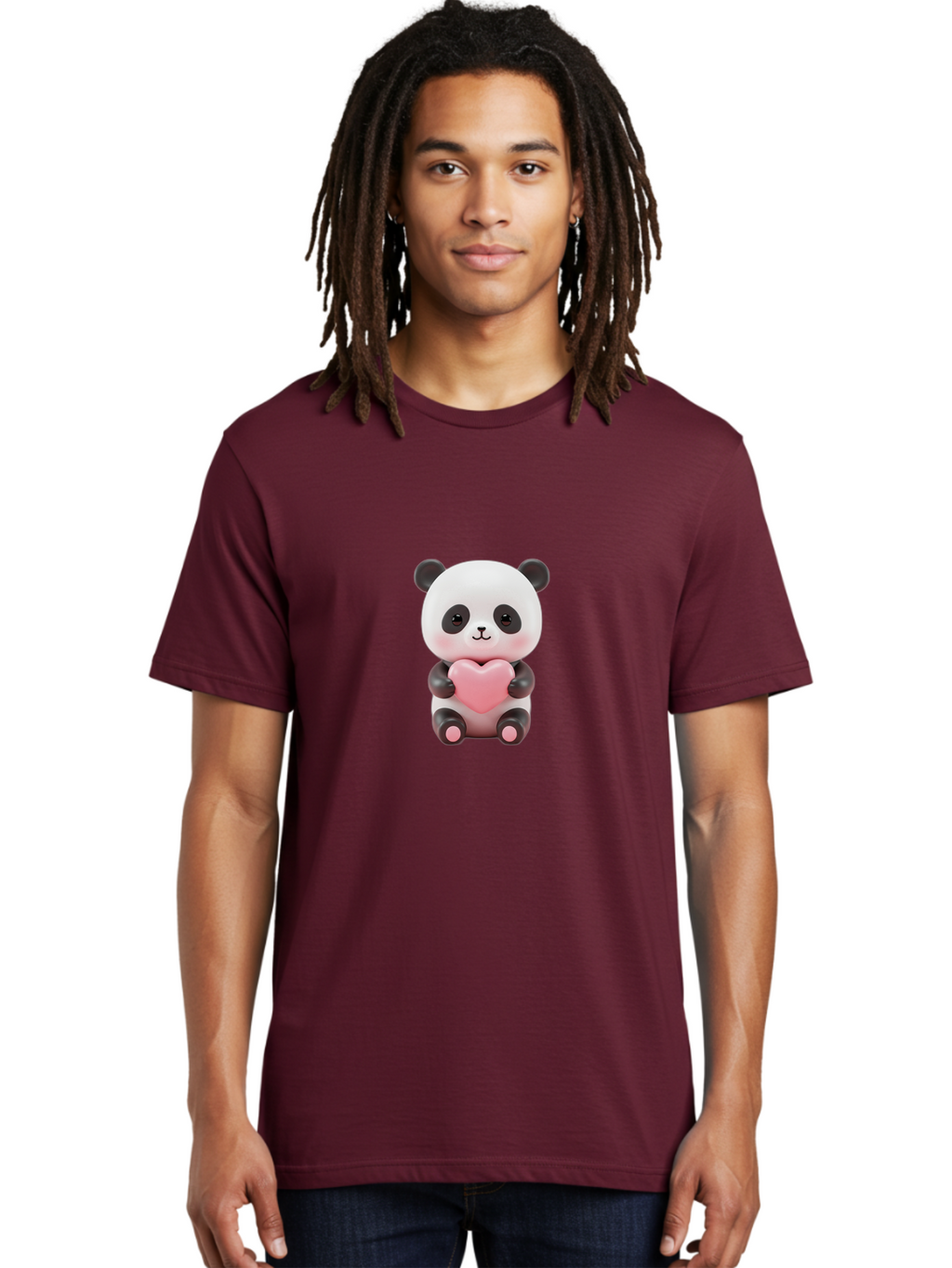 Panda-Holding-Heart-2 Men'S Graphic Tee, 100% Cotton, Comfortable Casual Summer Wear, Machine Washable, Cartoon Panda, Cute Animal, Pink Heart, Adorable Bear, Kawaii Character, Love Symbol, Black And White Panda, Heartwarming Scene, Bae593