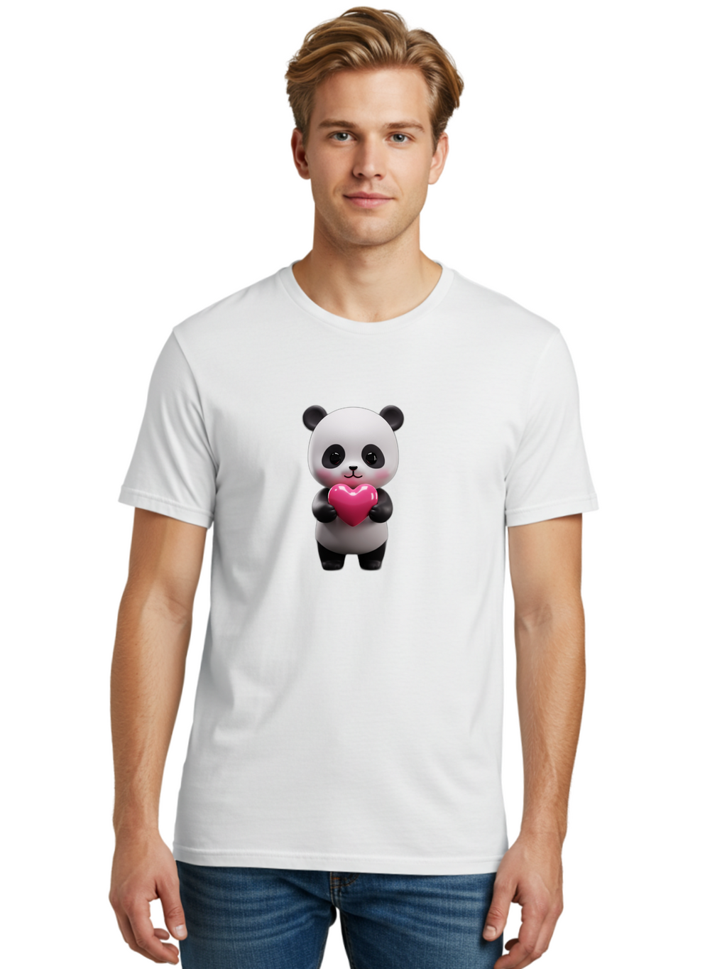 Panda-Holding-Heart-3 Men'S Graphic Tee, 100% Cotton, Comfortable Casual Summer Wear, Machine Washable, Cartoon Panda, Adorable Animal, Cute Bear, Heart Shape, Love Symbol, Pink Heart, 3D Rendering, Kawaii Character, Endearing Creature Bae594