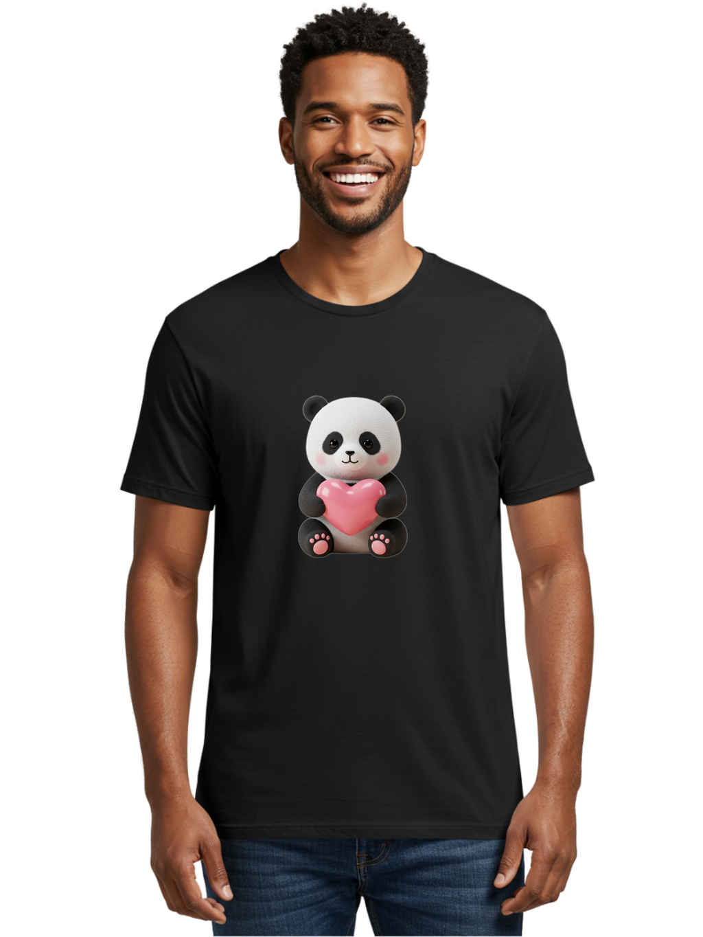 Panda-Holding-Heart-4 Men'S Graphic Tee, 100% Cotton, Comfortable Casual Summer Wear, Machine Washable, Cute Panda, Adorable Animal, Pink Heart, Love Symbol, Cartoon Character, Kawaii Design, Fluffy Panda, Heartwarming Scene, Bae595