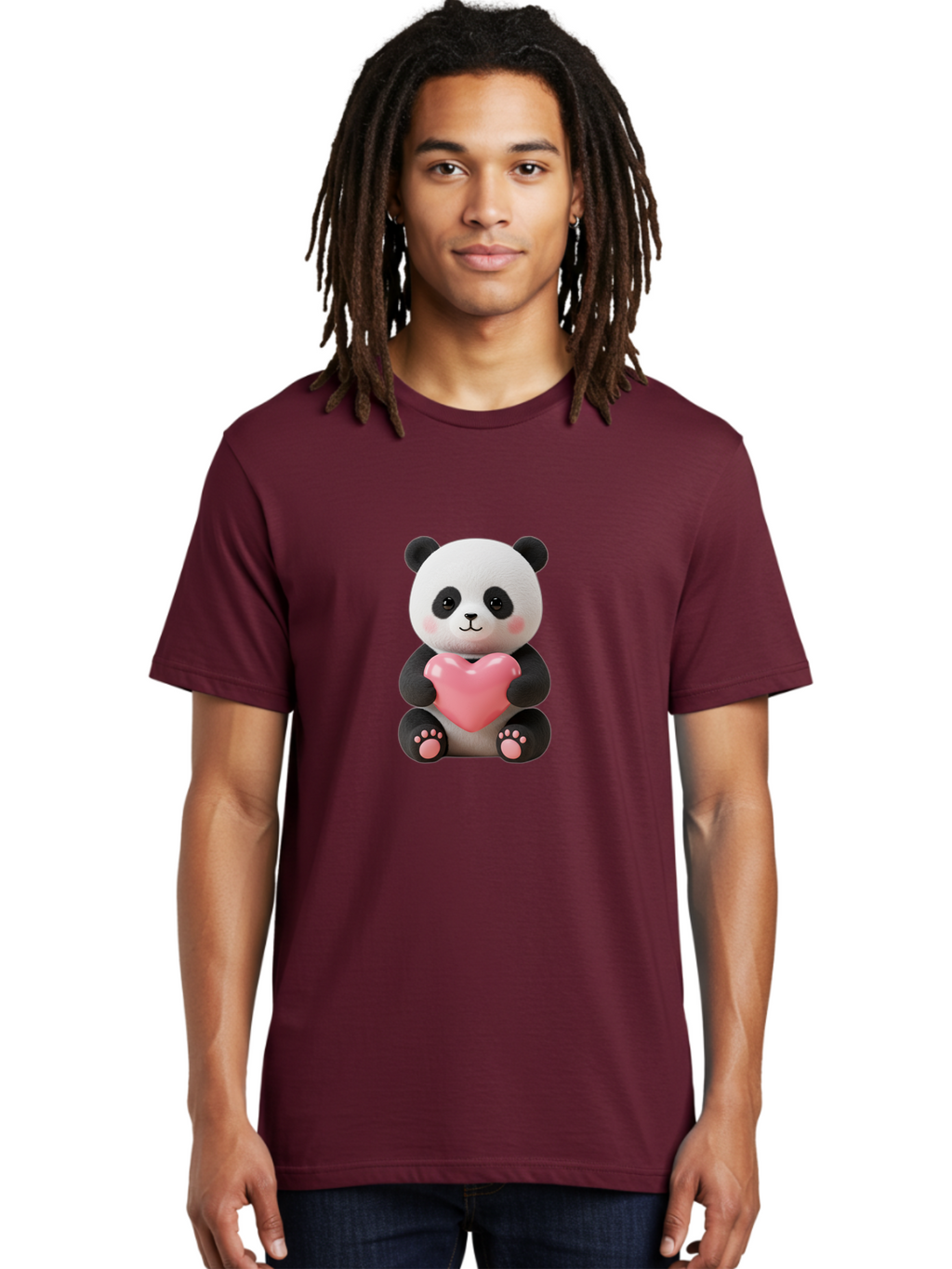 Panda-Holding-Heart-4 Men'S Graphic Tee, 100% Cotton, Comfortable Casual Summer Wear, Machine Washable, Cute Panda, Adorable Animal, Pink Heart, Love Symbol, Cartoon Character, Kawaii Design, Fluffy Panda, Heartwarming Scene, Bae595