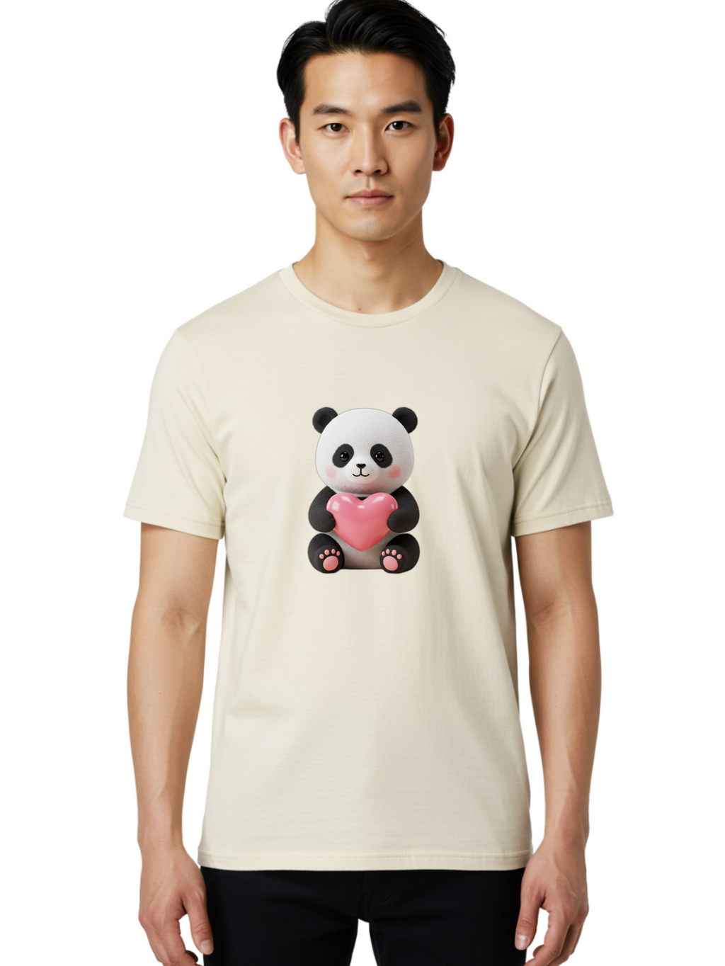 Panda-Holding-Heart-4 Men'S Graphic Tee, 100% Cotton, Comfortable Casual Summer Wear, Machine Washable, Cute Panda, Adorable Animal, Pink Heart, Love Symbol, Cartoon Character, Kawaii Design, Fluffy Panda, Heartwarming Scene, Bae595