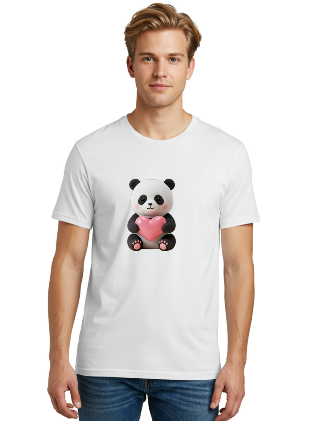 Panda-Holding-Heart-4 Men'S Graphic Tee, 100% Cotton, Comfortable Casual Summer Wear, Machine Washable, Cute Panda, Adorable Animal, Pink Heart, Love Symbol, Cartoon Character, Kawaii Design, Fluffy Panda, Heartwarming Scene, Bae595