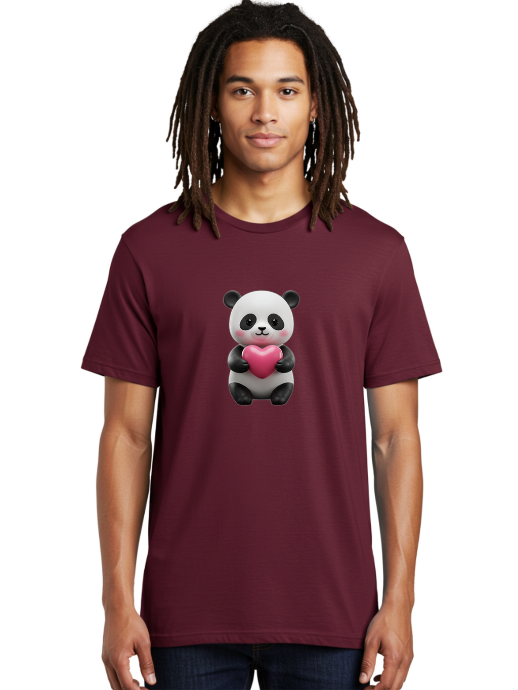 Panda-Holding-Heart-5 Men'S Graphic Tee, 100% Cotton, Comfortable Casual Summer Wear, Machine Washable, Cute Panda Bear, Adorable Cartoon Character, Pink Heart, Loving Gesture, Heartwarming Scene, Valentines Day, Love Symbol, Cartoon Graphics, Bae596