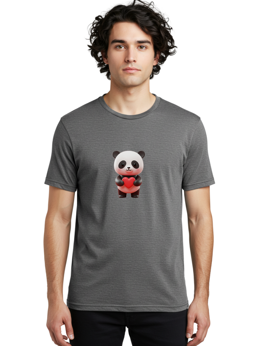 Panda-Holding-Heart-7 Men'S Graphic Tee, 100% Cotton, Comfortable Casual Summer Wear, Machine Washable, Cartoon Panda, Cute Bear, Red Heart, Love Symbol, Adorable Character, 3D Illustration, Kawaii Animal, Heartwarming Scene, Sweet Expression, Bae598