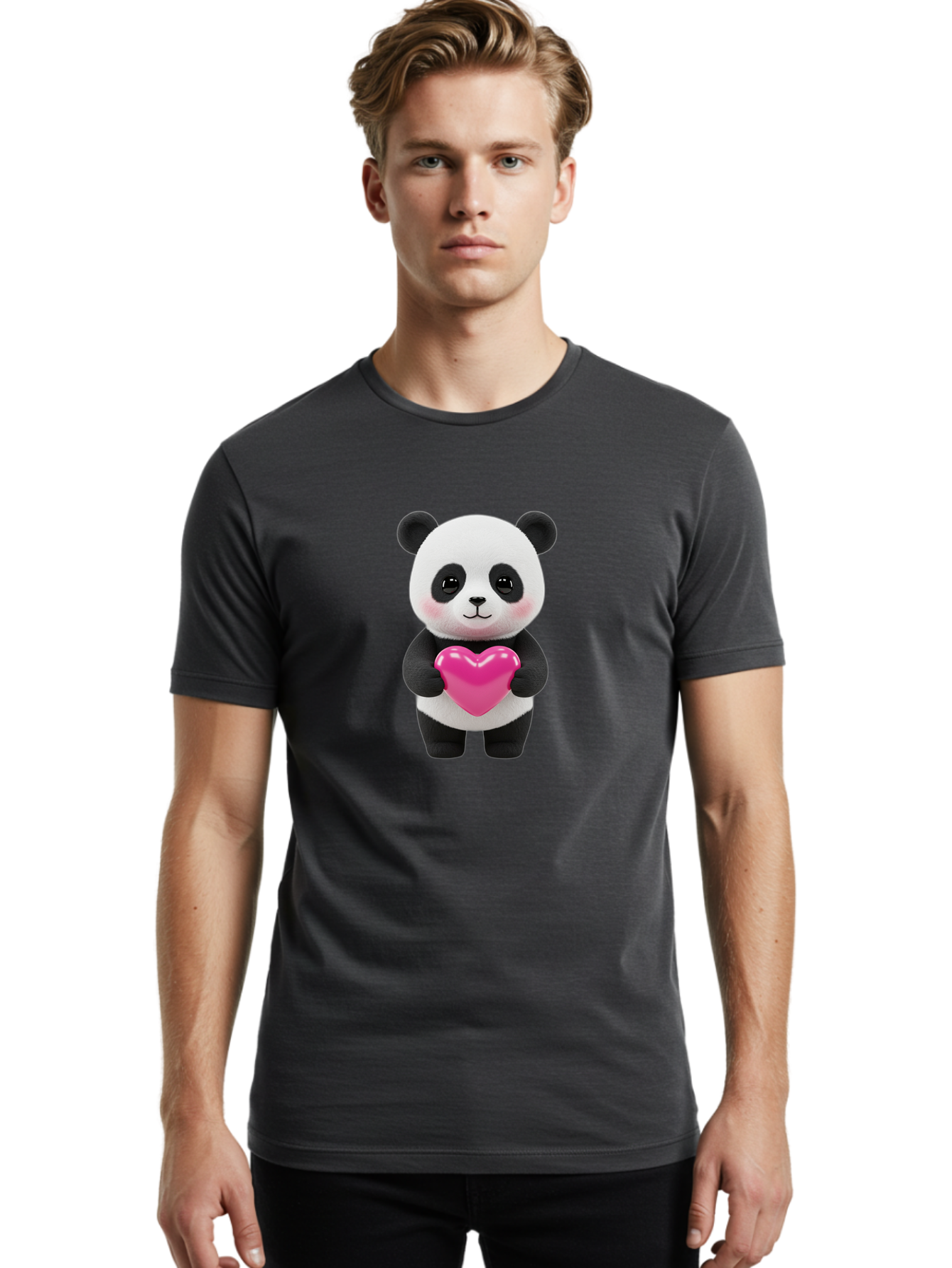 Panda-Holding-Heart Men'S Graphic Tee, 100% Cotton, Comfortable Casual Summer Wear, Machine Washable, Cute Panda, Adorable Cartoon Character, Pink Heart, Love Symbol, Endearing Expression, Plush Toy, Kawaii Animal, Heartwarming Scene, Bae599