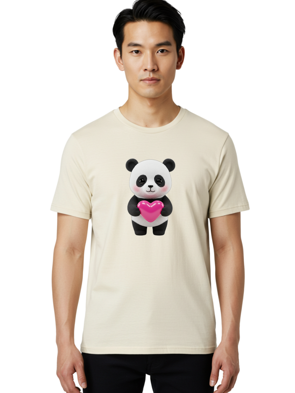 Panda-Holding-Heart Men'S Graphic Tee, 100% Cotton, Comfortable Casual Summer Wear, Machine Washable, Cute Panda, Adorable Cartoon Character, Pink Heart, Love Symbol, Endearing Expression, Plush Toy, Kawaii Animal, Heartwarming Scene, Bae599