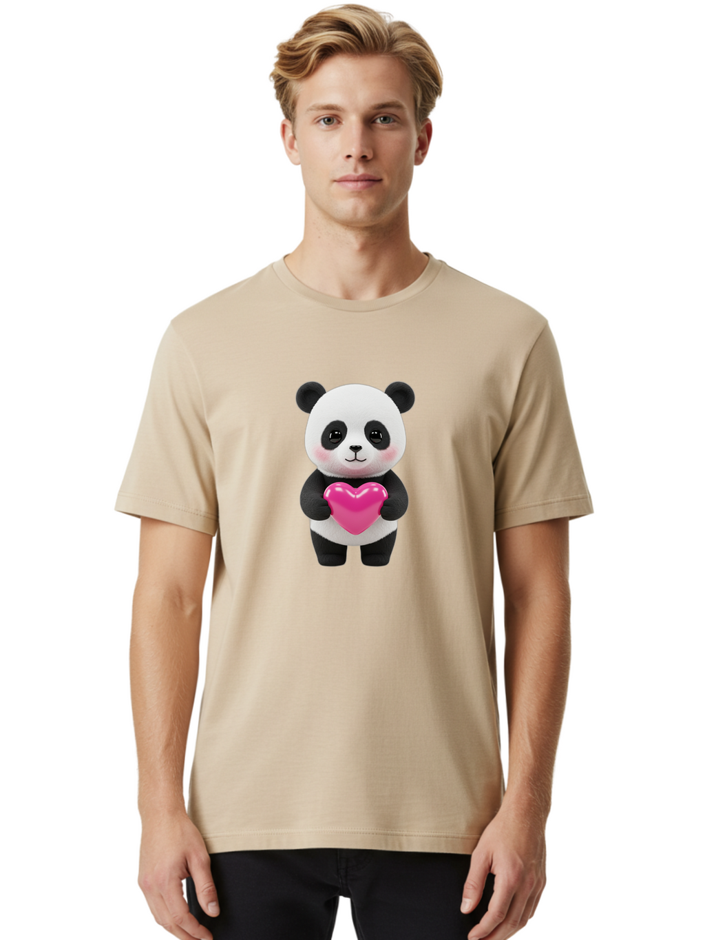 Panda-Holding-Heart Men'S Graphic Tee, 100% Cotton, Comfortable Casual Summer Wear, Machine Washable, Cute Panda, Adorable Cartoon Character, Pink Heart, Love Symbol, Endearing Expression, Plush Toy, Kawaii Animal, Heartwarming Scene, Bae599