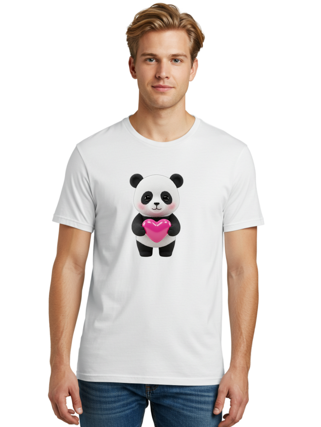 Panda-Holding-Heart Men'S Graphic Tee, 100% Cotton, Comfortable Casual Summer Wear, Machine Washable, Cute Panda, Adorable Cartoon Character, Pink Heart, Love Symbol, Endearing Expression, Plush Toy, Kawaii Animal, Heartwarming Scene, Bae599