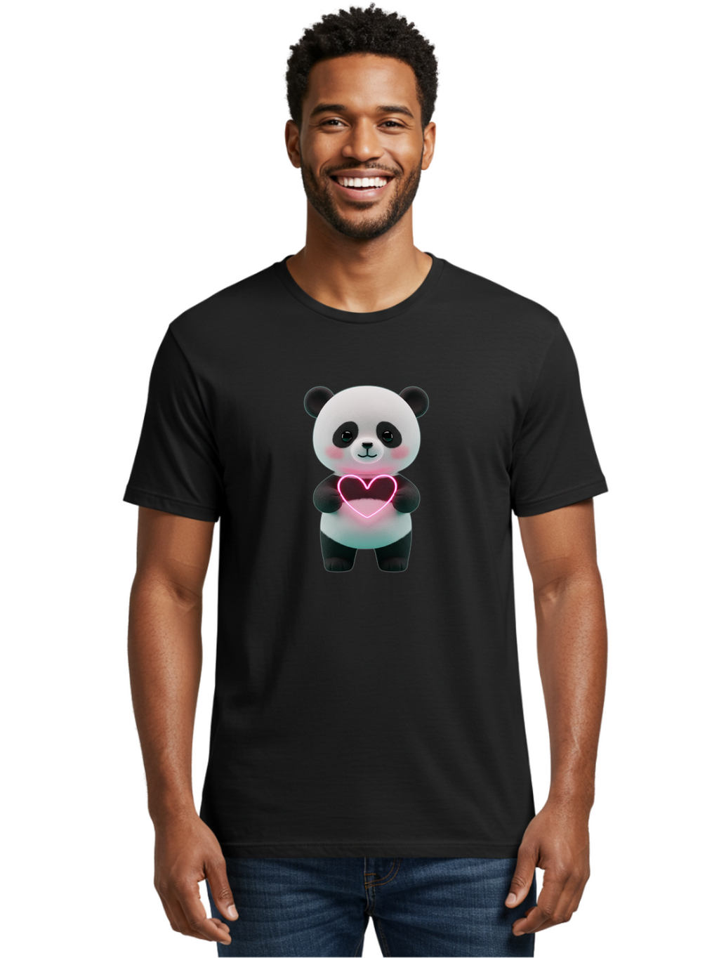 Panda-Holding-Neon-Heart Men'S Graphic Tee, 100% Cotton, Comfortable Casual Summer Wear, Machine Washable, Cute Panda, Heart Symbol, Love Gesture, Neon Heart, Adorable Animal, Cartoon Character, Pink Glow, Sweet Expression, 3D Illustration, Bae600