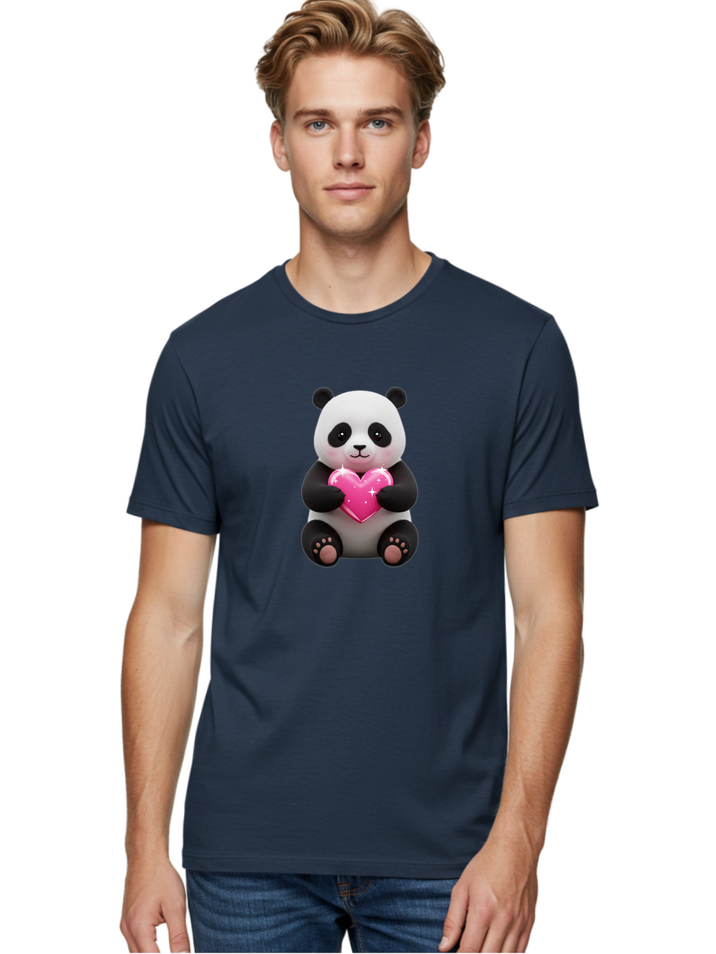 Panda-Holding-Pink-Heart Men'S Graphic Tee, 100% Cotton, Comfortable Casual Summer Wear, Machine Washable, Cute Panda Bear, Holding Pink Heart, Adorable Cartoon Character, Sweet Love Symbol, Sparkly Heart, Soft Paws, Endearing Expression, Bae601