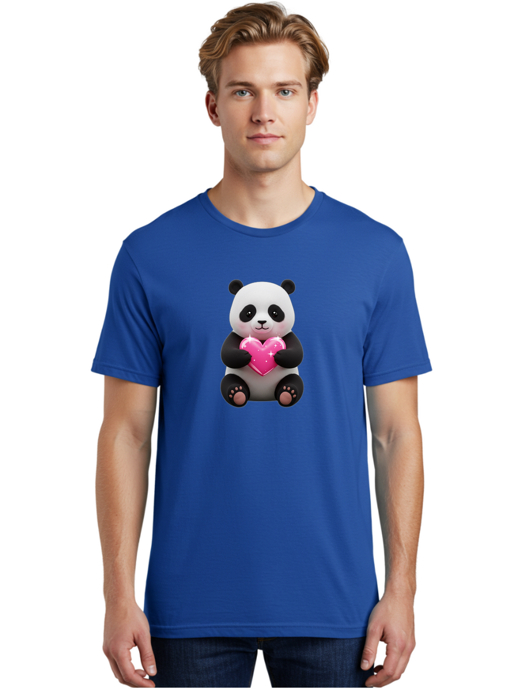 Panda-Holding-Pink-Heart Men'S Graphic Tee, 100% Cotton, Comfortable Casual Summer Wear, Machine Washable, Cute Panda Bear, Holding Pink Heart, Adorable Cartoon Character, Sweet Love Symbol, Sparkly Heart, Soft Paws, Endearing Expression, Bae601