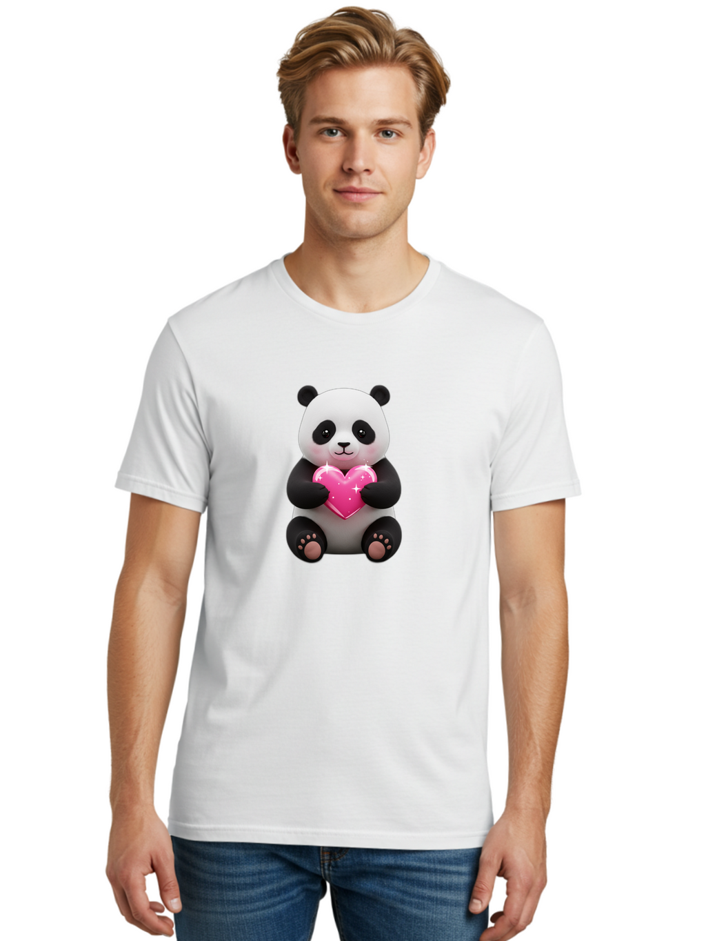 Panda-Holding-Pink-Heart Men'S Graphic Tee, 100% Cotton, Comfortable Casual Summer Wear, Machine Washable, Cute Panda Bear, Holding Pink Heart, Adorable Cartoon Character, Sweet Love Symbol, Sparkly Heart, Soft Paws, Endearing Expression, Bae601